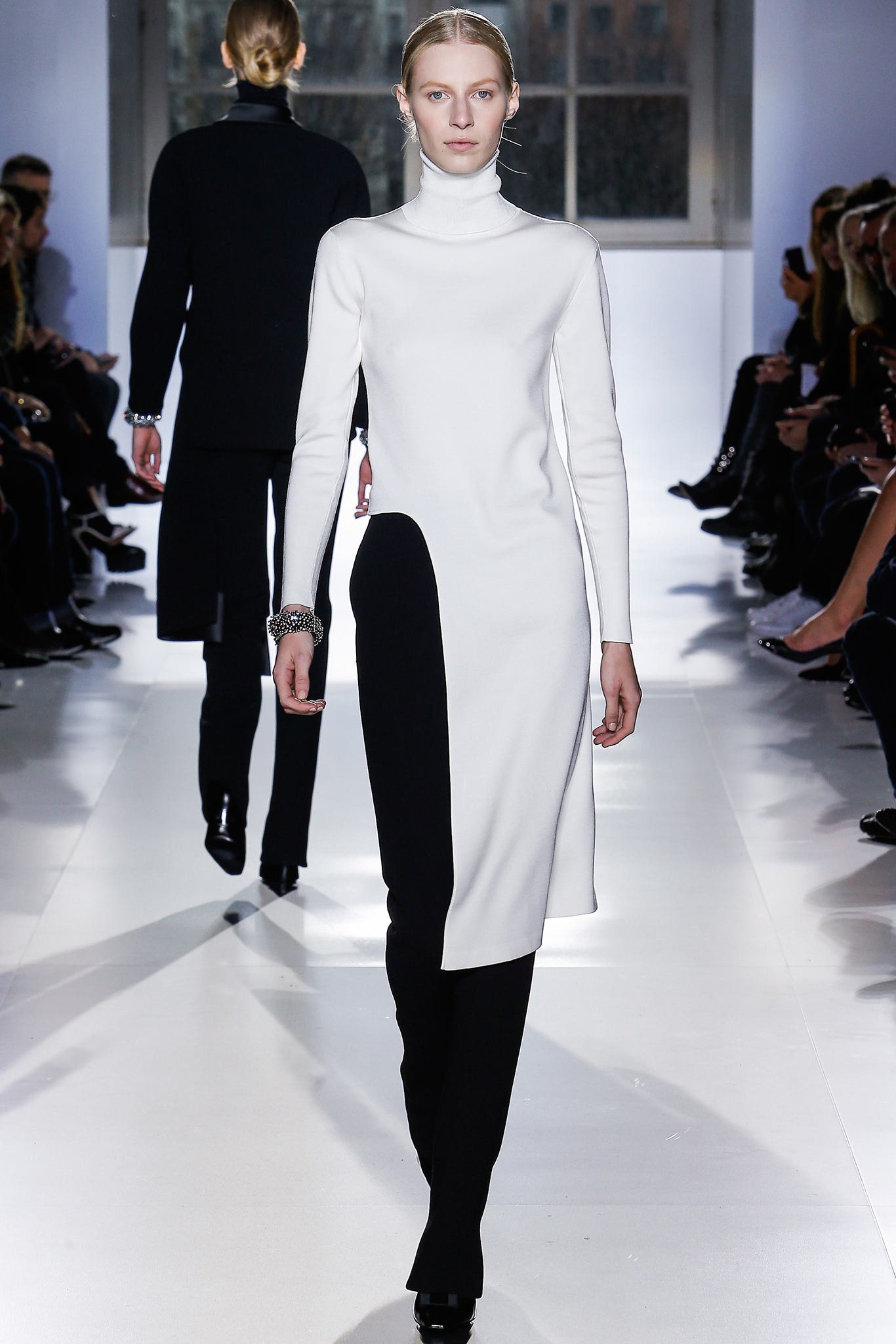 asymmetric black and white midi dress