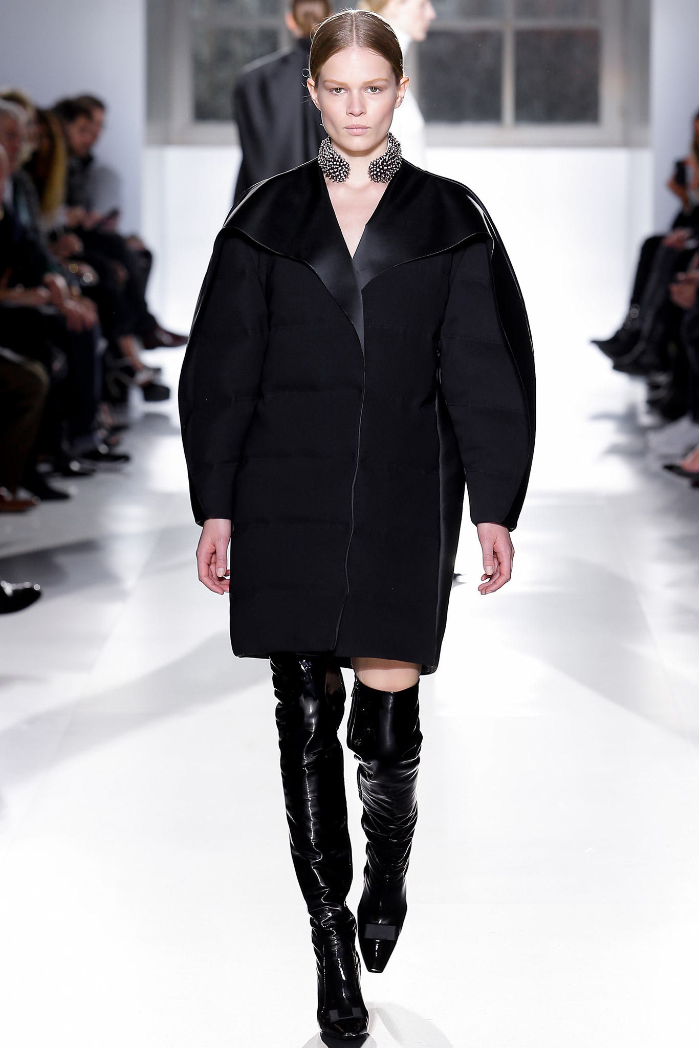 black wool fitted coat with boots