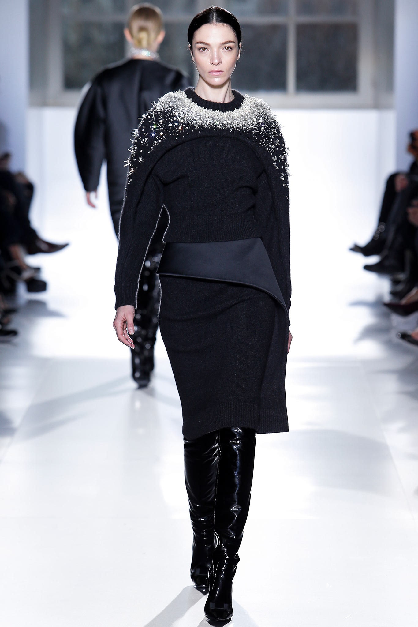 black wool midi dress with boots