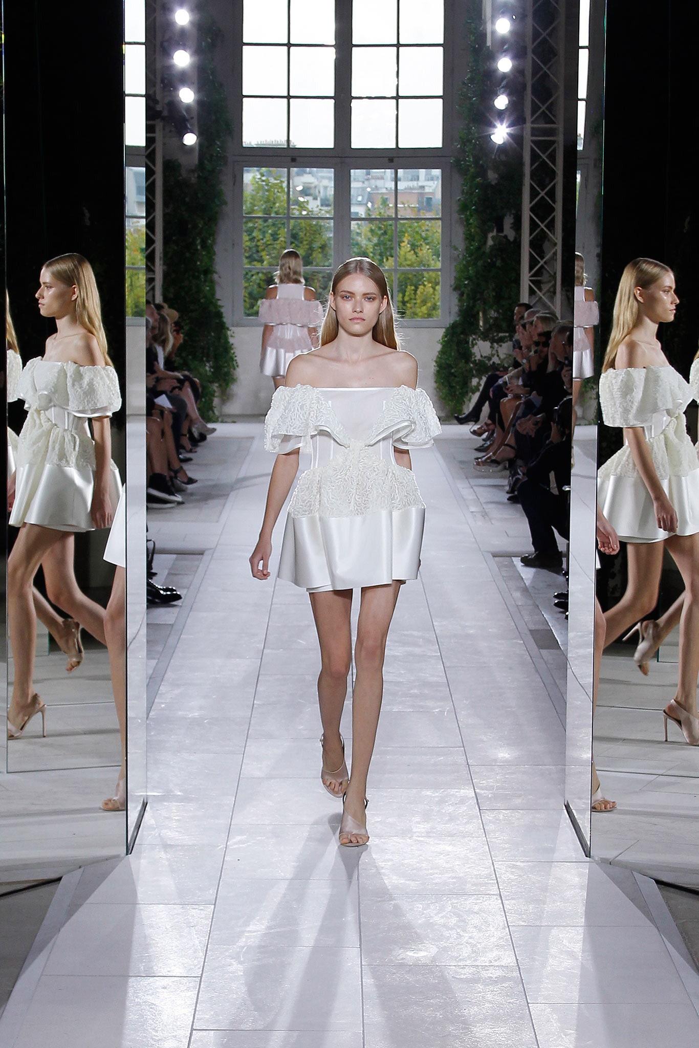 white off-shoulder mini dress