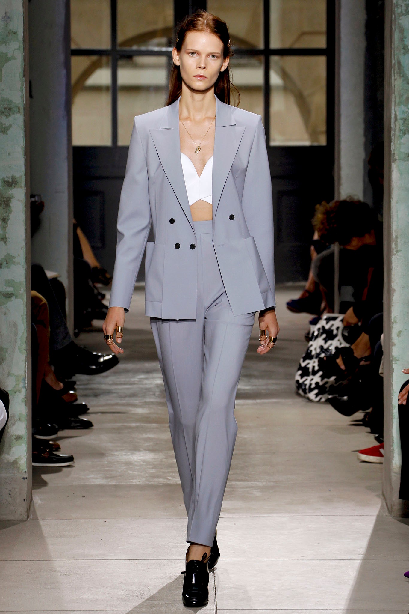 gray tailored suit with white top