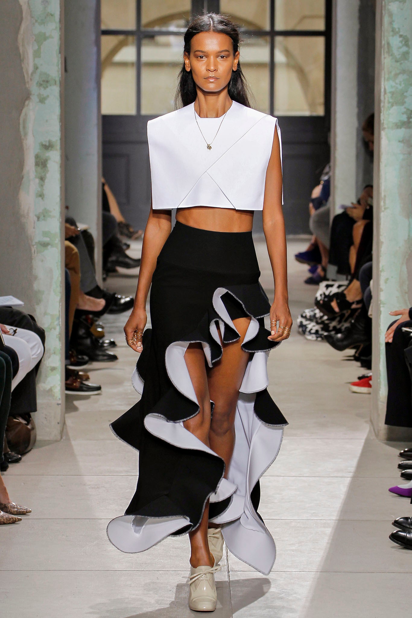black and white ruffled midi dress
