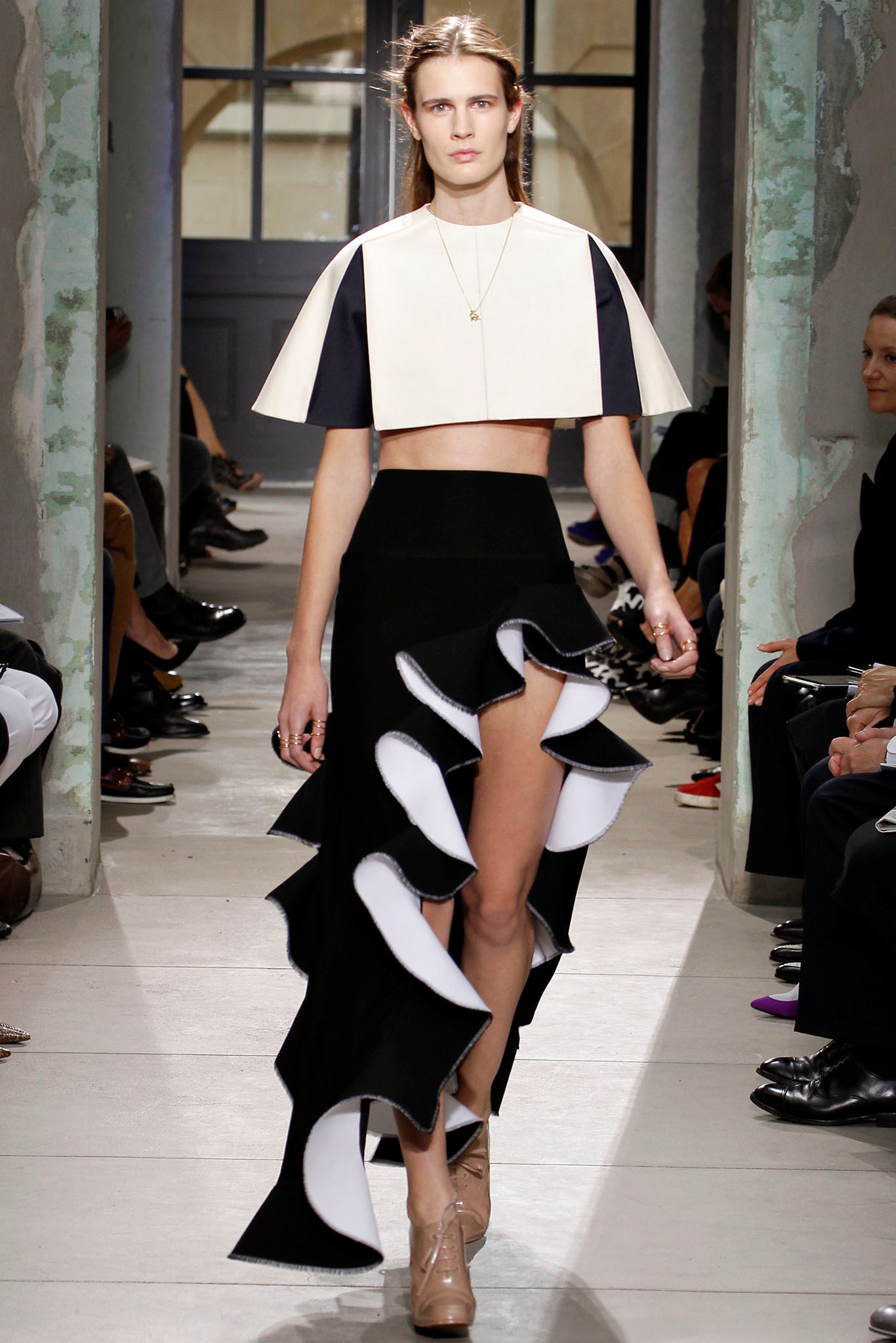 black cotton slit fitted high-waisted flared ruffled skirt