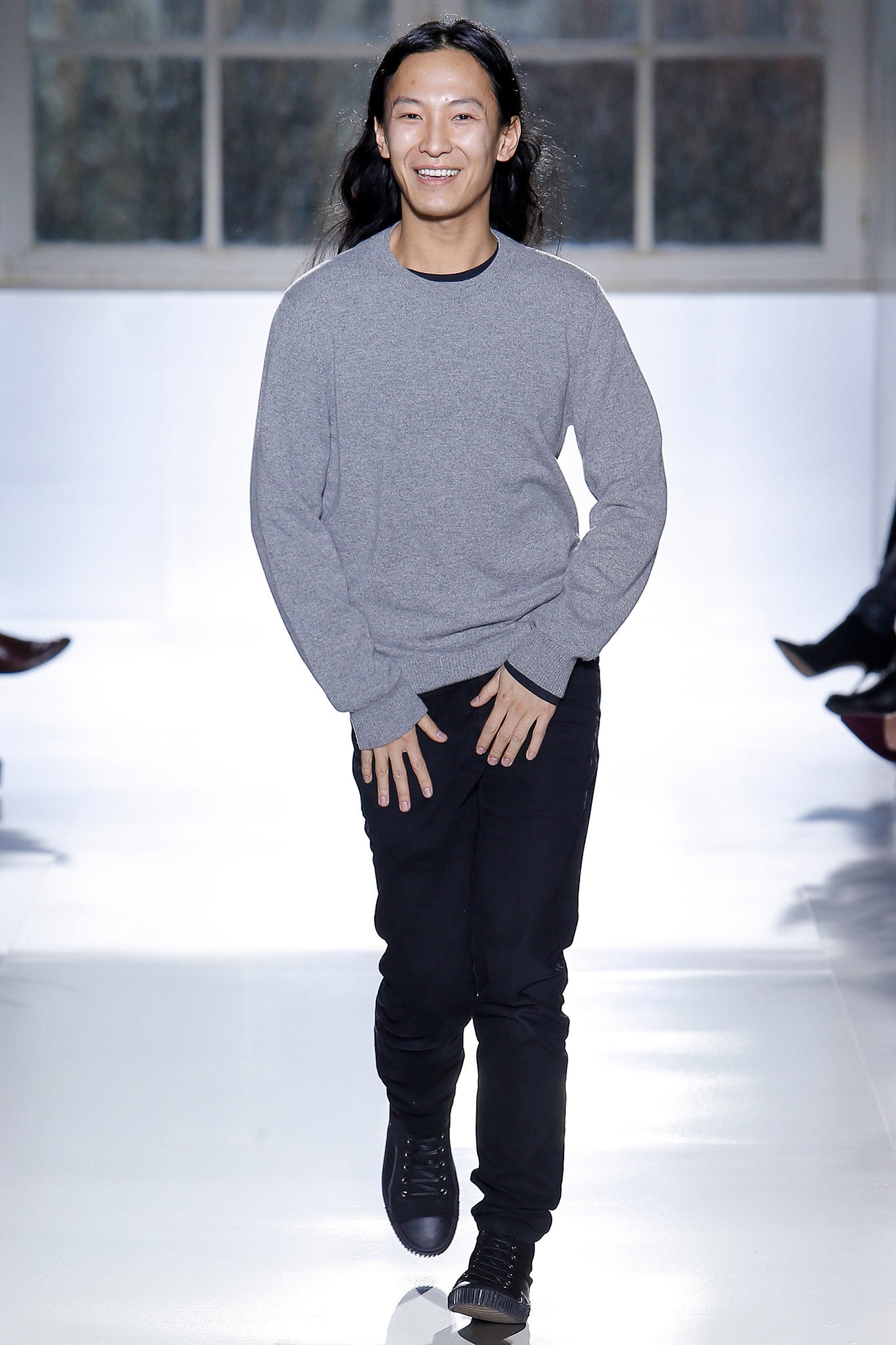 gray wool sweater with black pants
