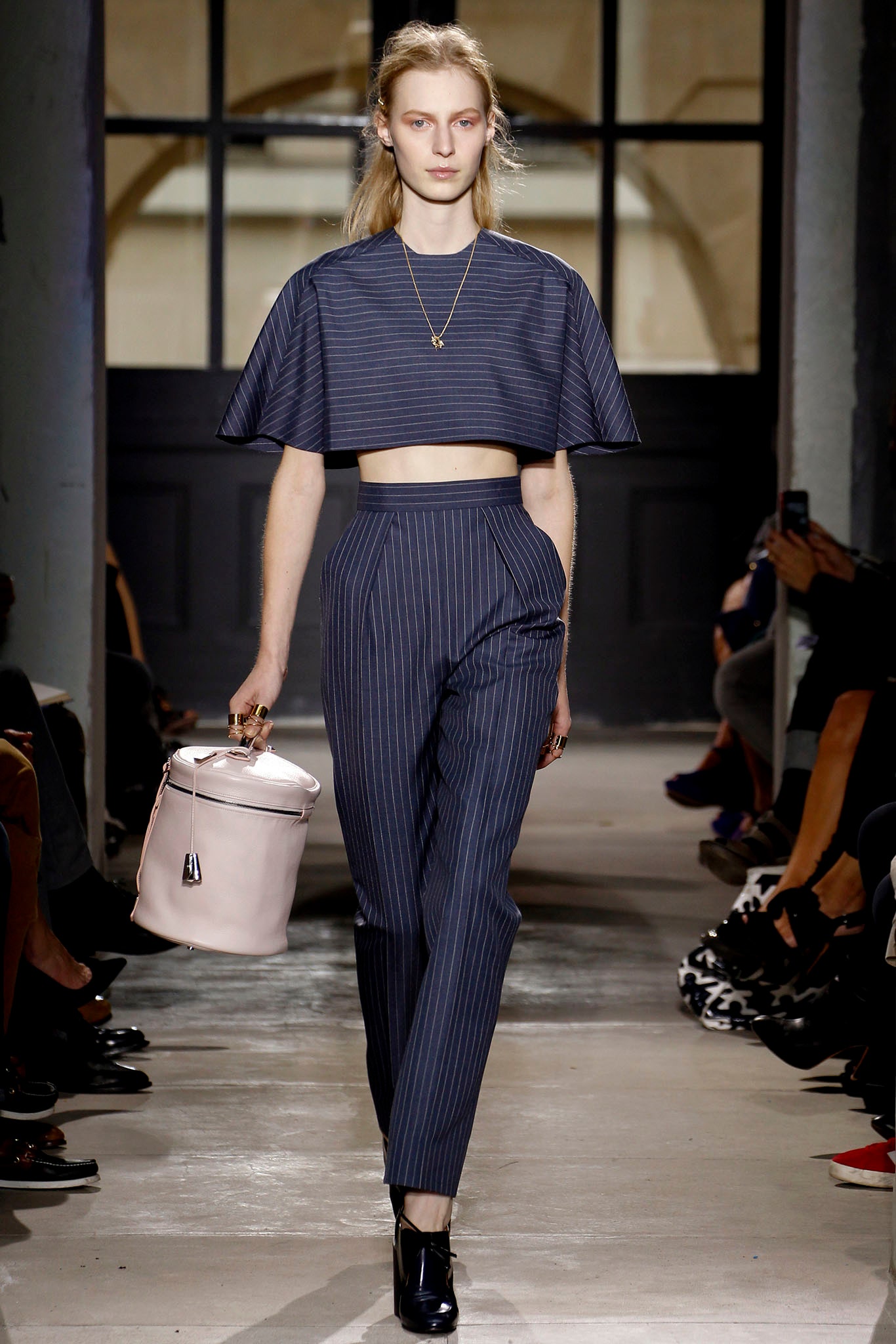 blue striped cropped top and tailored pants