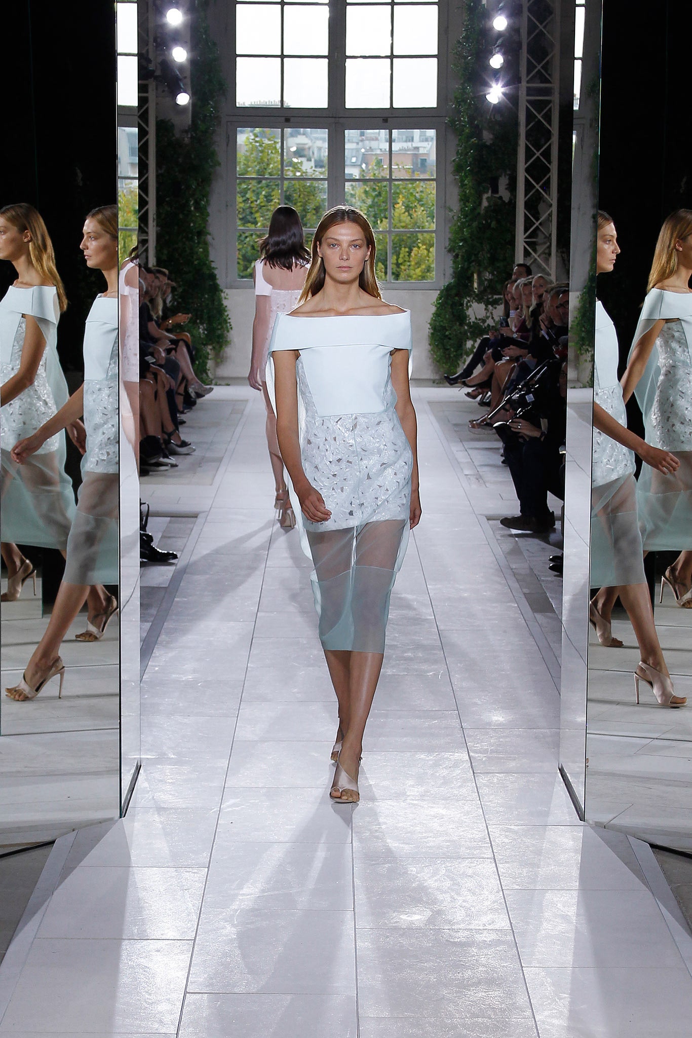 white blue off-shoulder midi dress