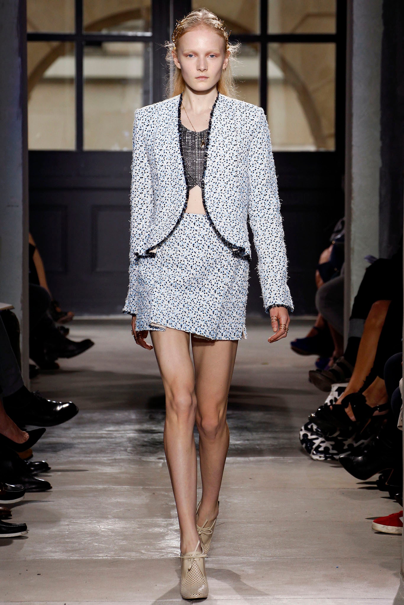 blue cotton long-sleeve collared fitted buttoned textured jacket