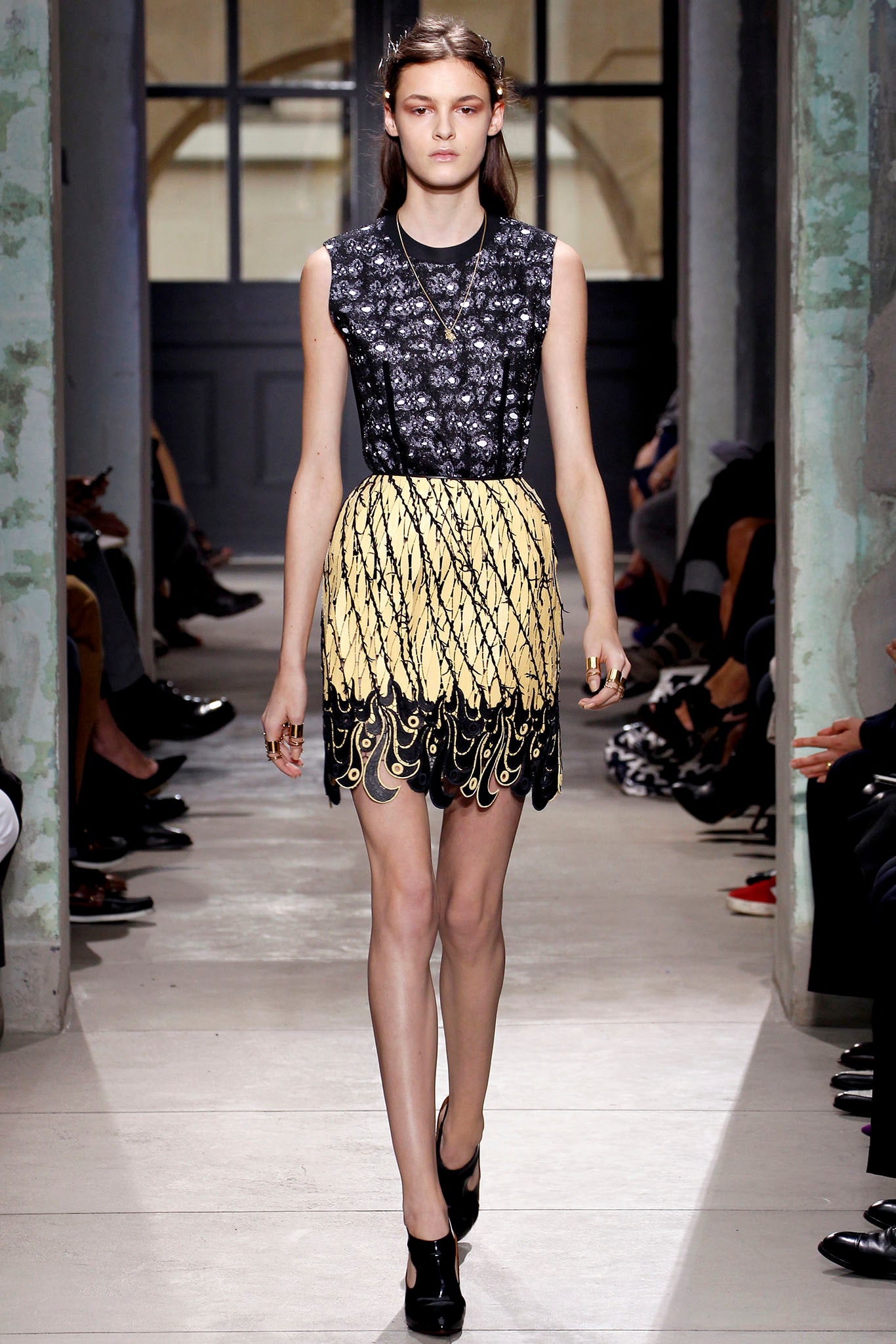 black and yellow pleated dress