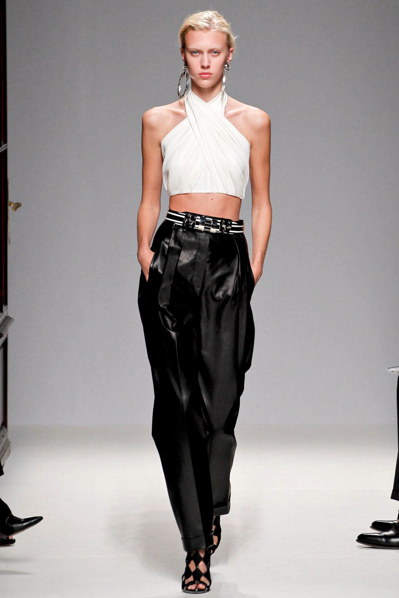 white silk sleeveless halter fitted draped cropped top