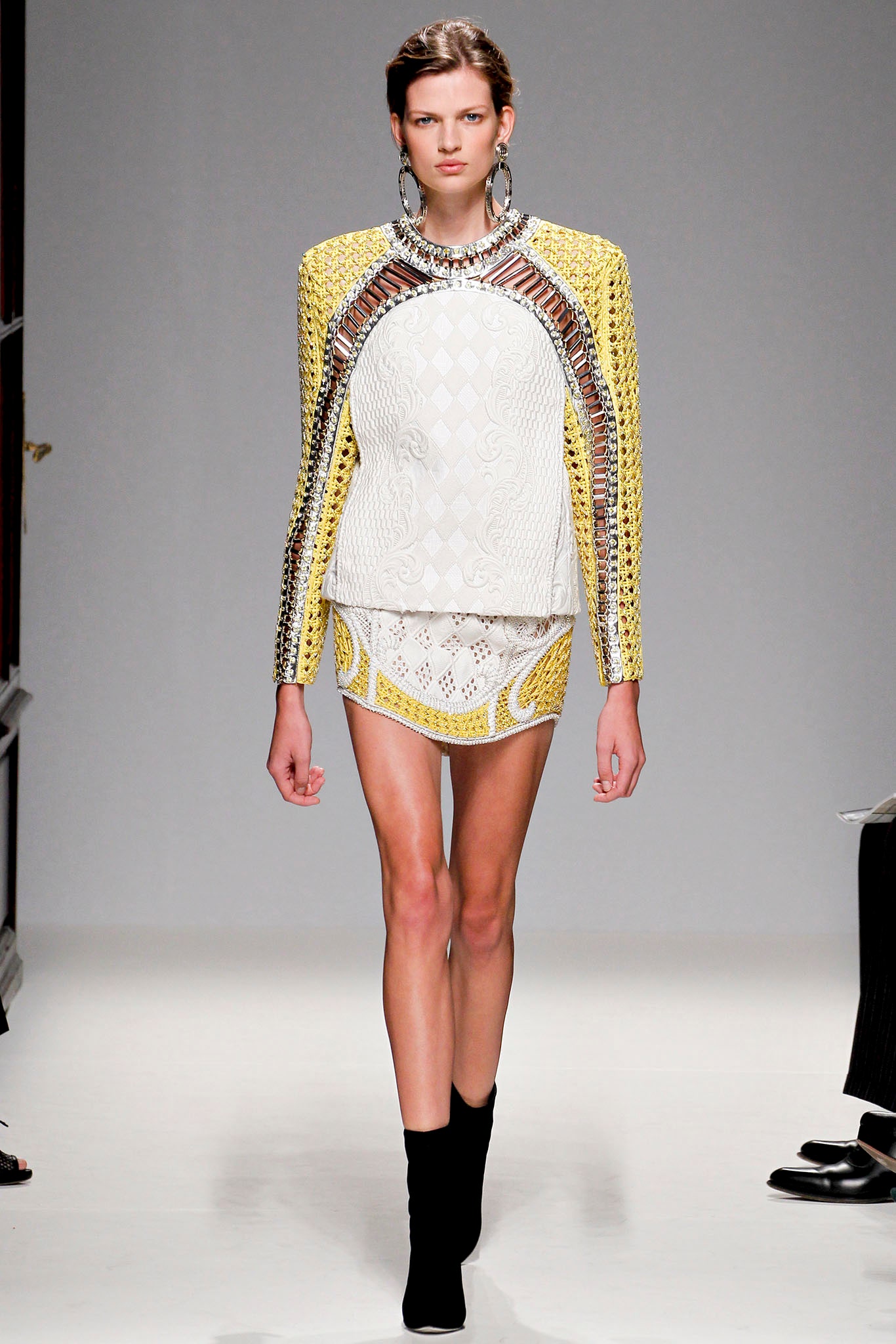 fitted white and yellow jacket with mini skirt