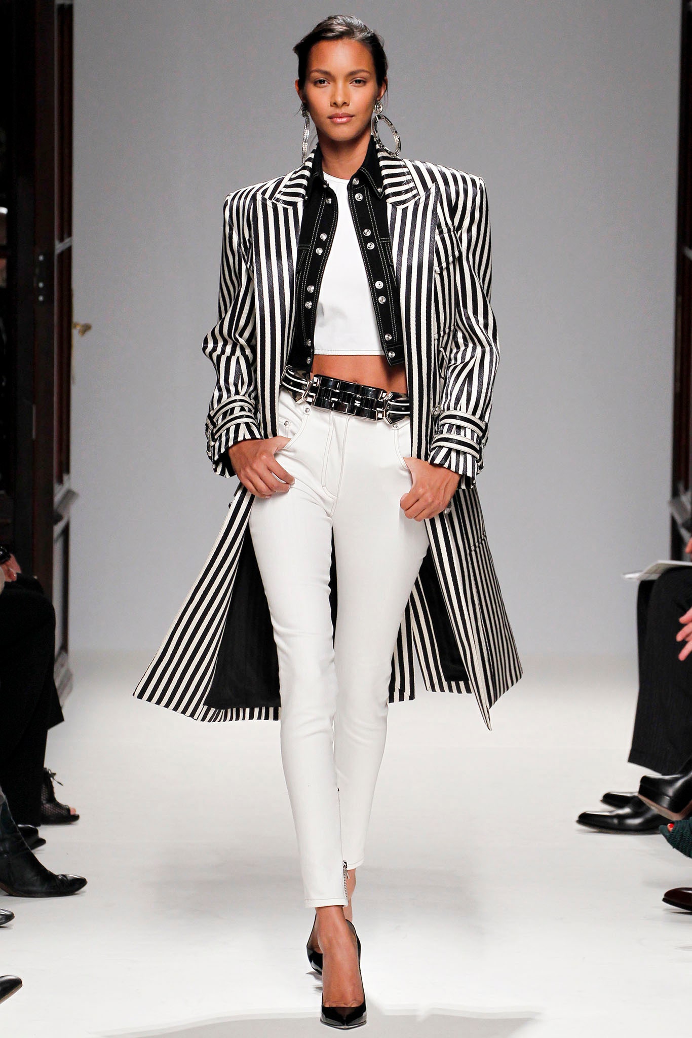 black and white striped coat with fitted top