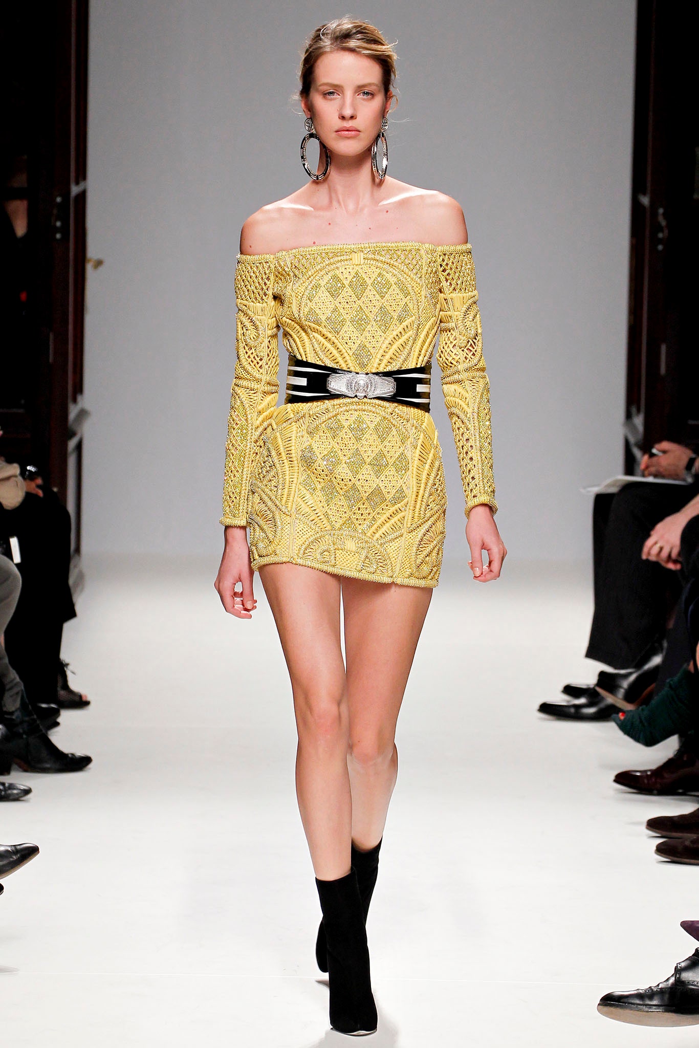 yellow lace long-sleeve off-shoulder fitted embroidered mini mini-dress