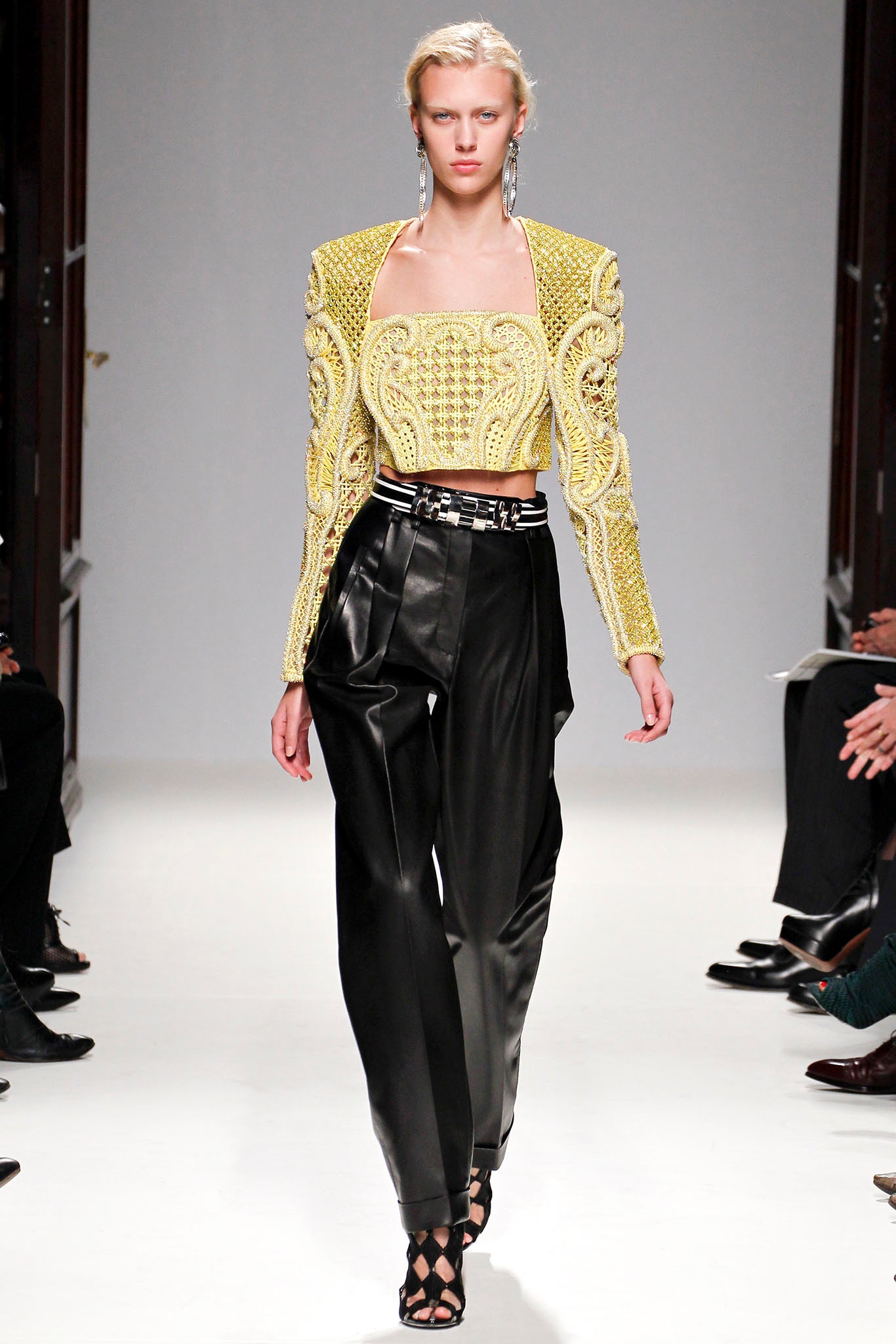 yellow silk long-sleeve square-neck fitted embroidered cropped top