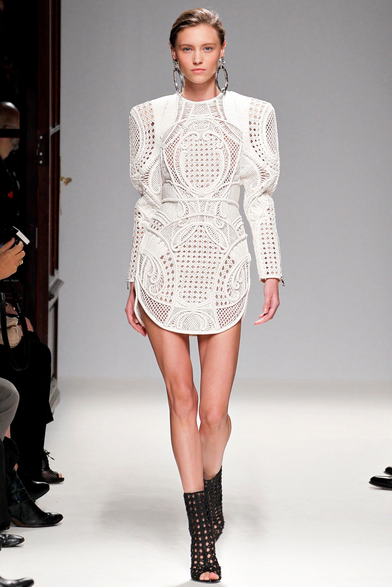 white lace long-sleeve high-neck fitted structured embroidered dress