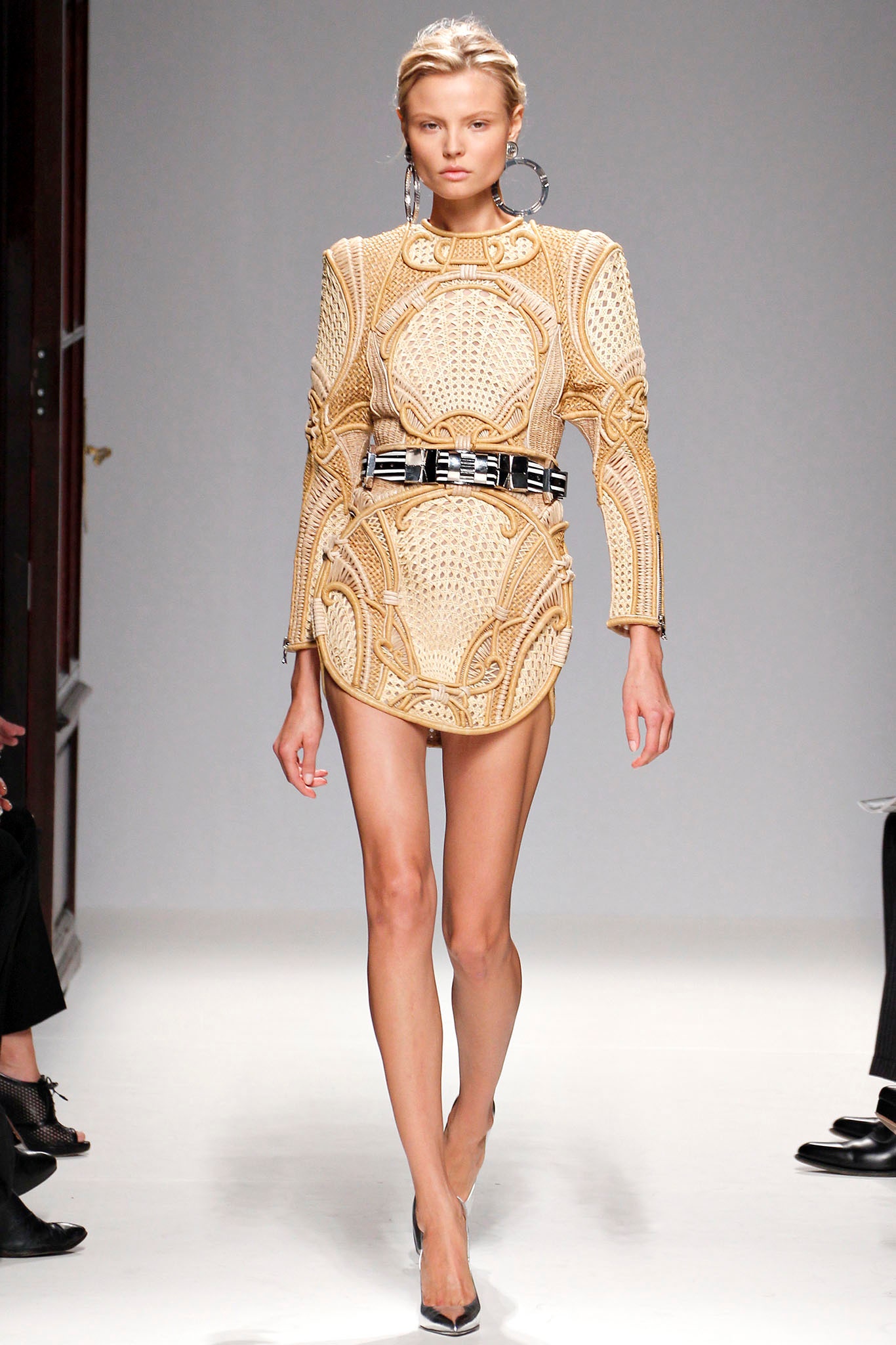 fitted beige embellished mini dress