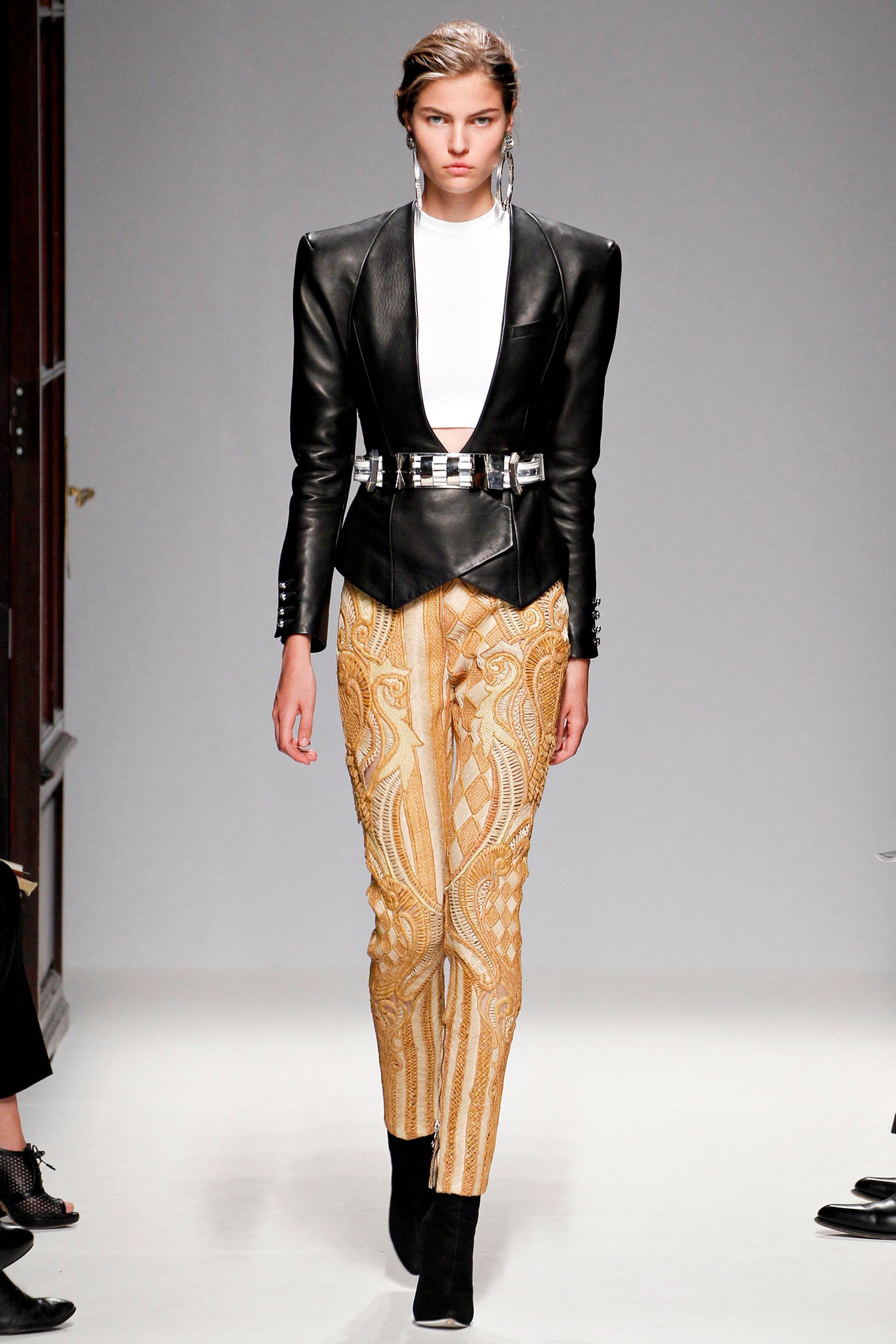 black leather tailored blazer with gold printed pants