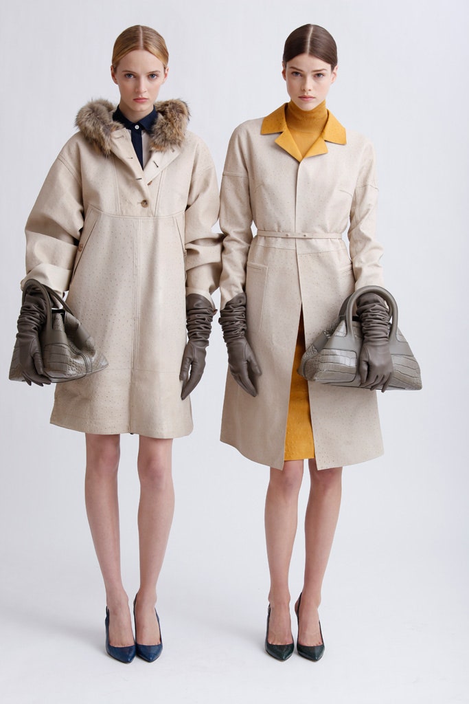 beige leather coat and yellow silk dress