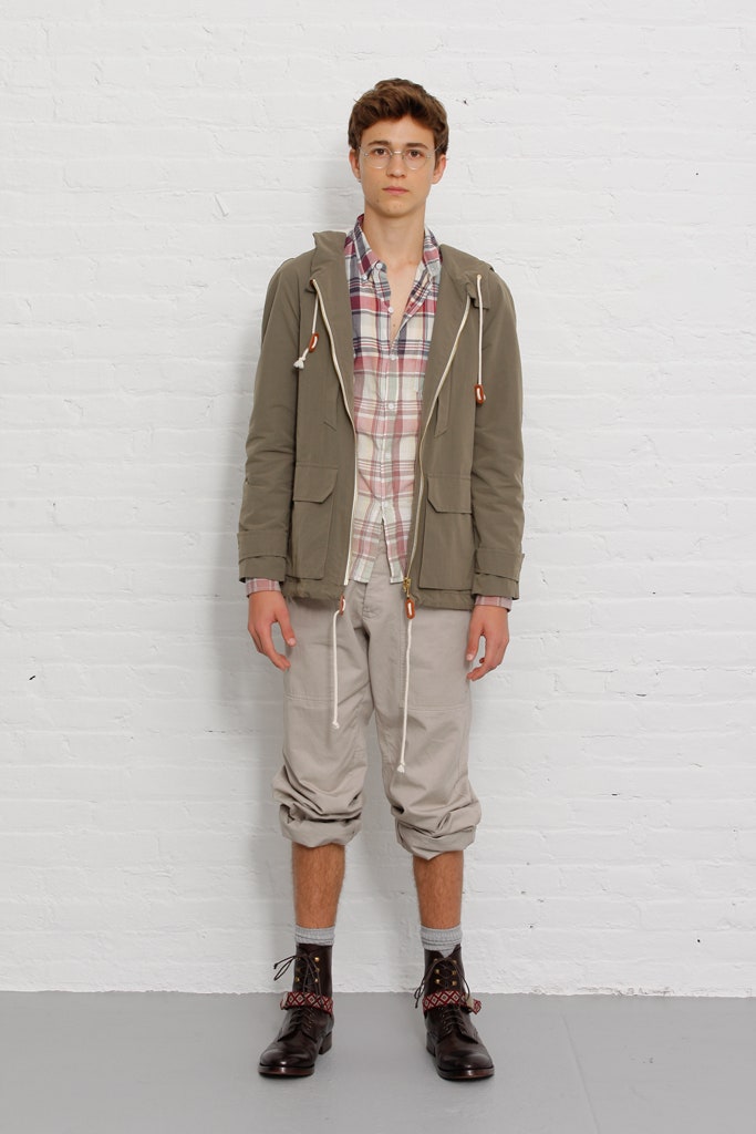 green relaxed jacket with checked shirt