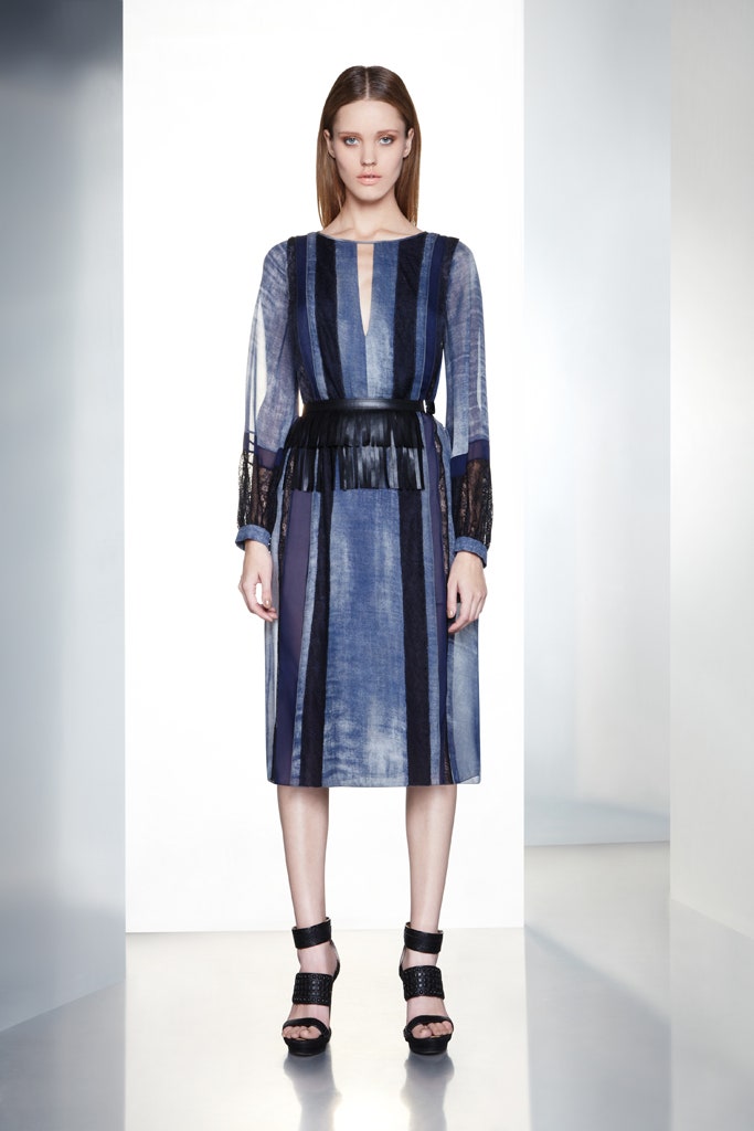 blue silk long-sleeve v-neck fitted striped belted dress