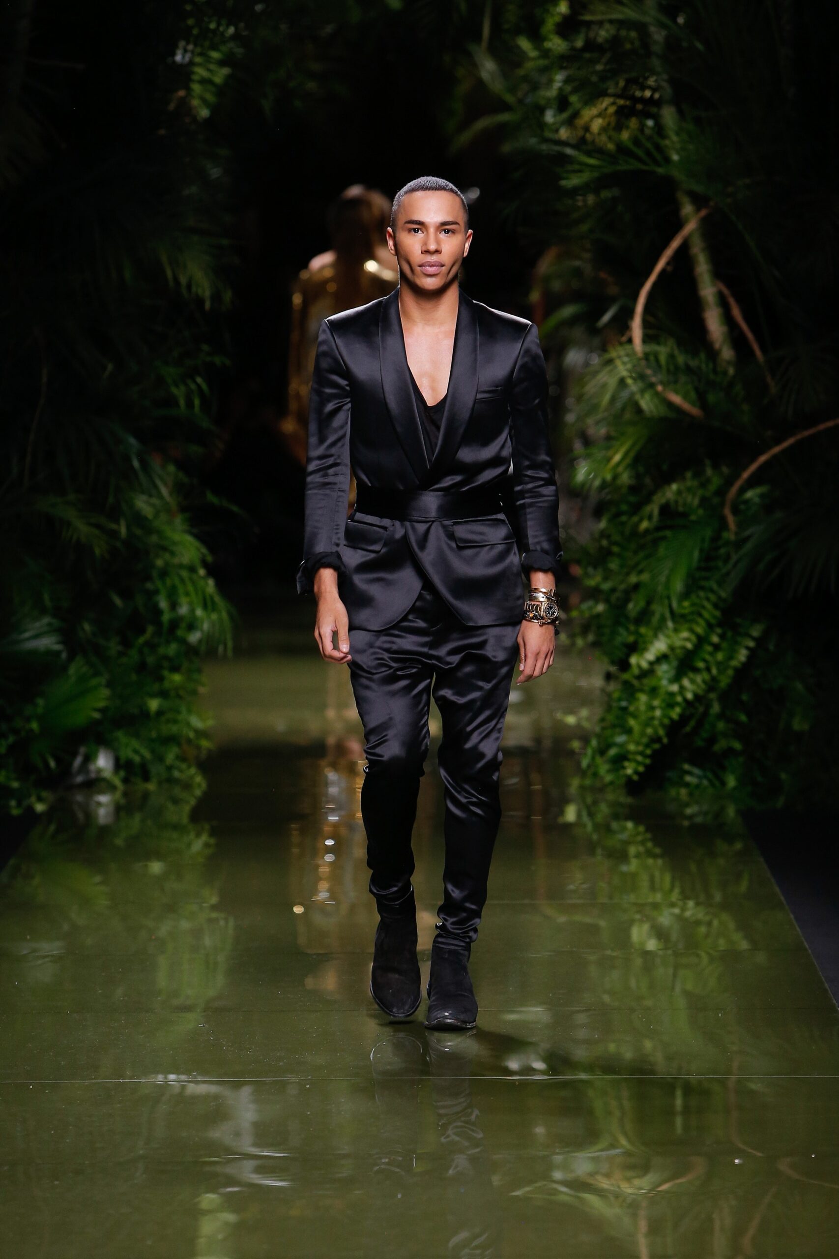 black silk fitted suit