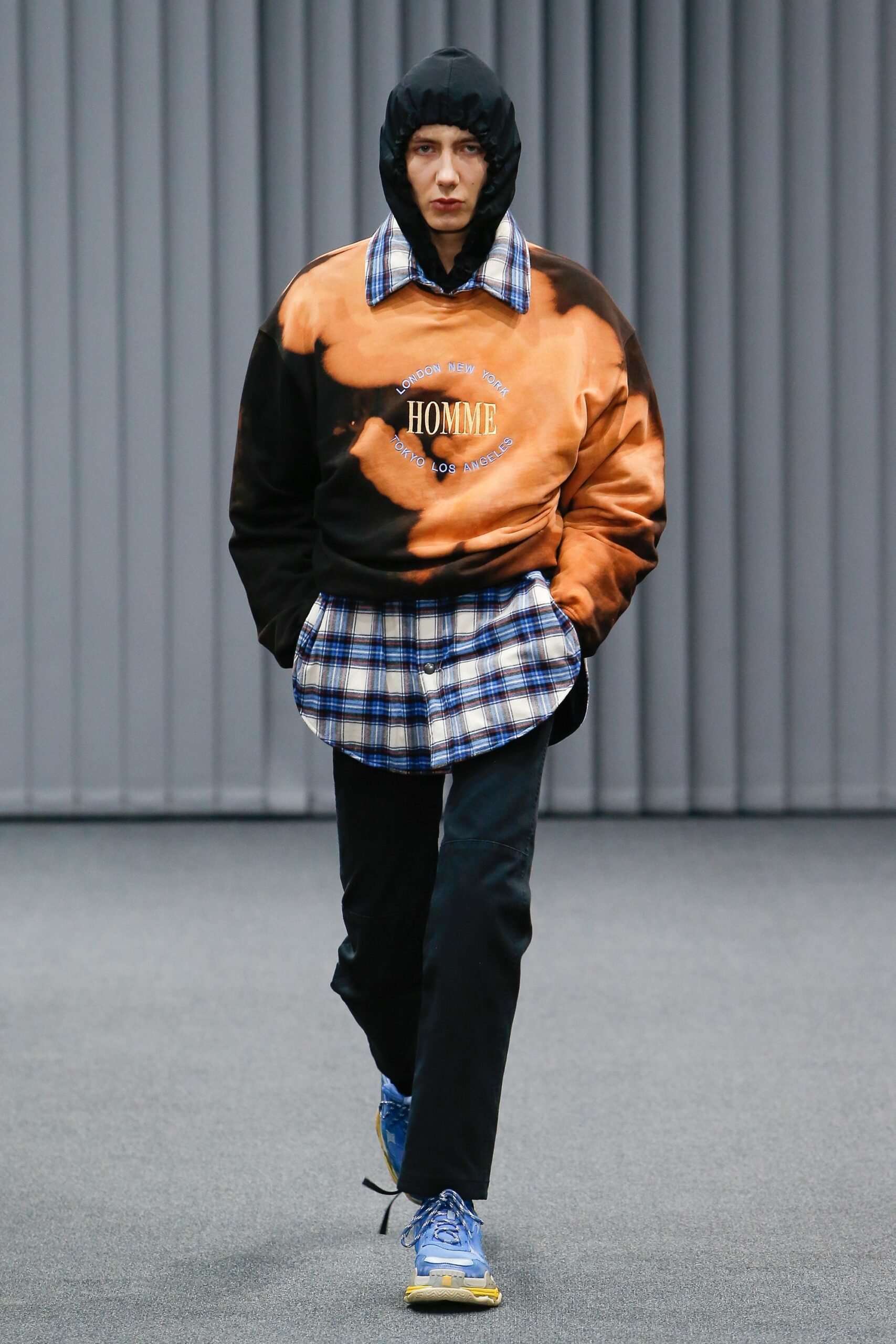 relaxed orange hoodie with plaid shirt
