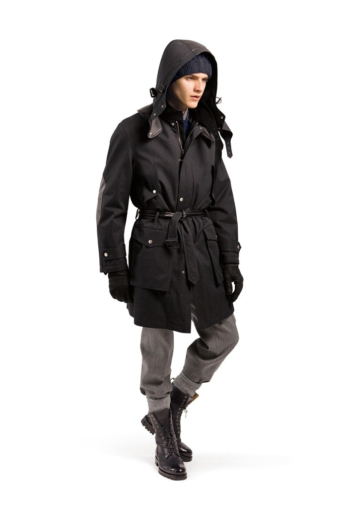 black coat with hood and gray pants