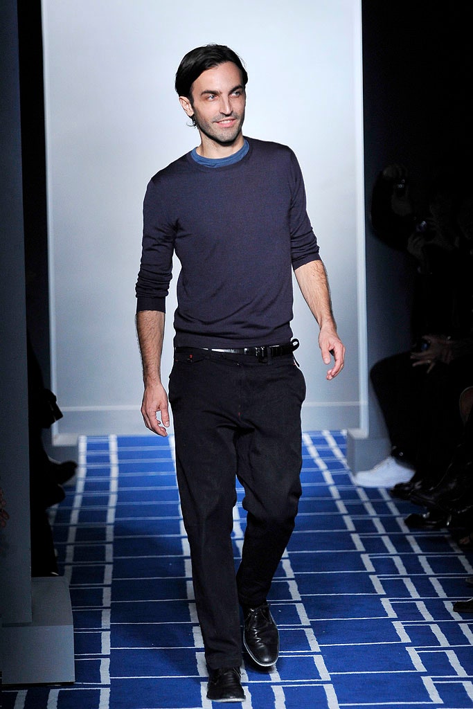 blue fitted shirt black pants
