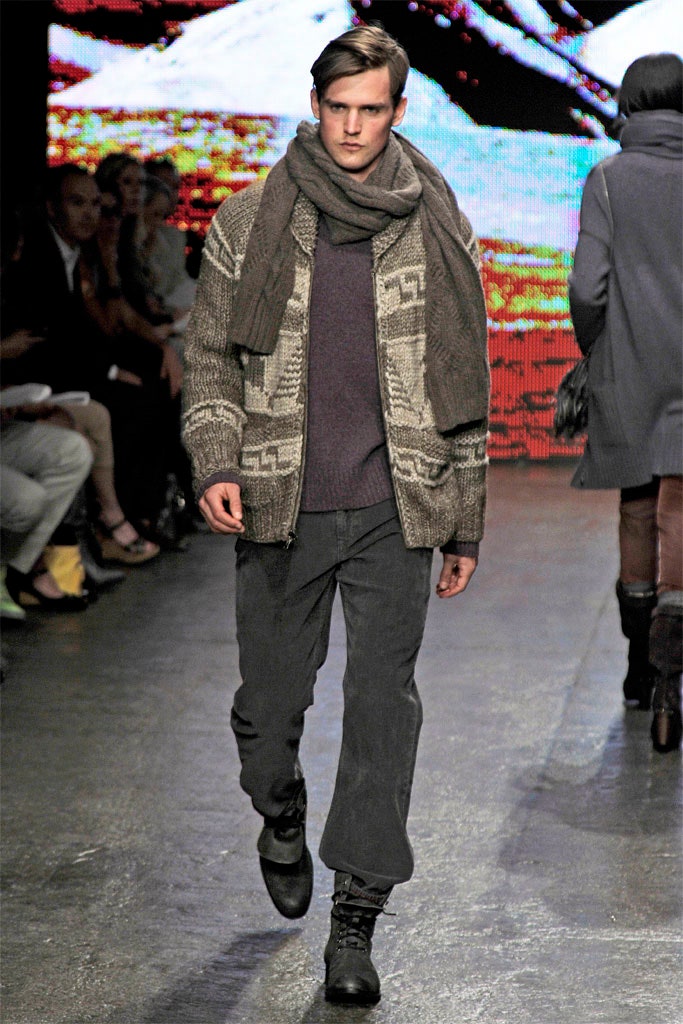 relaxed purple wool sweater with gray coat