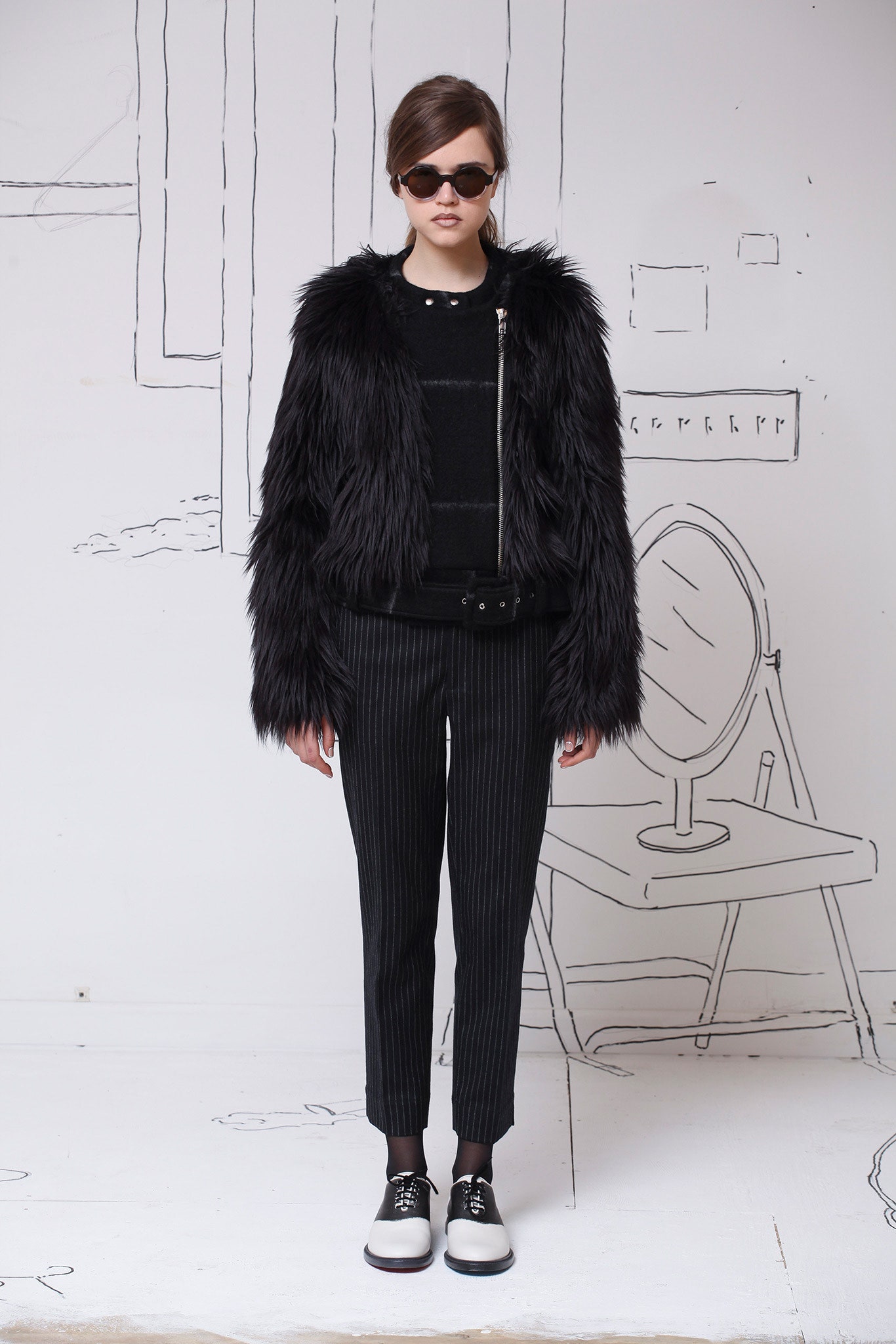 black faux-fur jacket with tailored pants