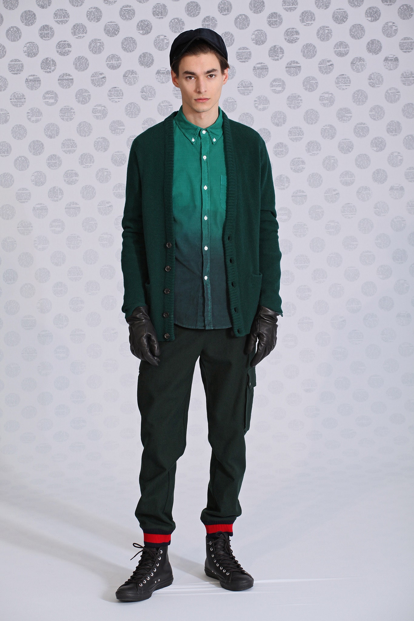 green cotton long-sleeve collared relaxed buttoned cardigan