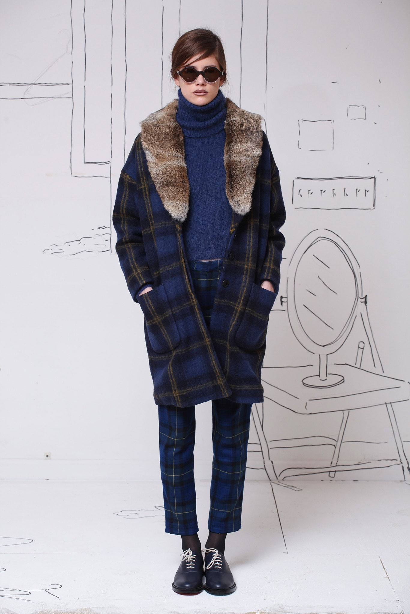 blue plaid coat with turtleneck sweater