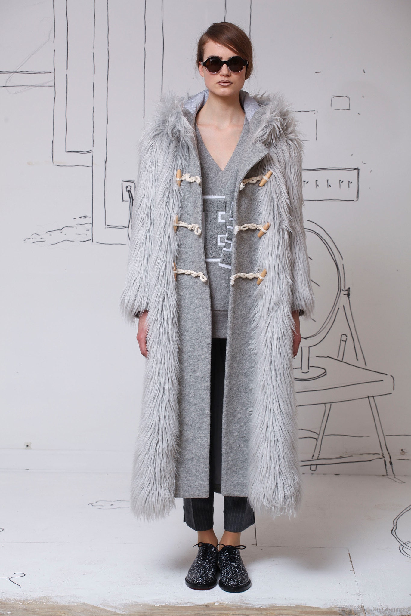 gray faux-fur coat with sweater