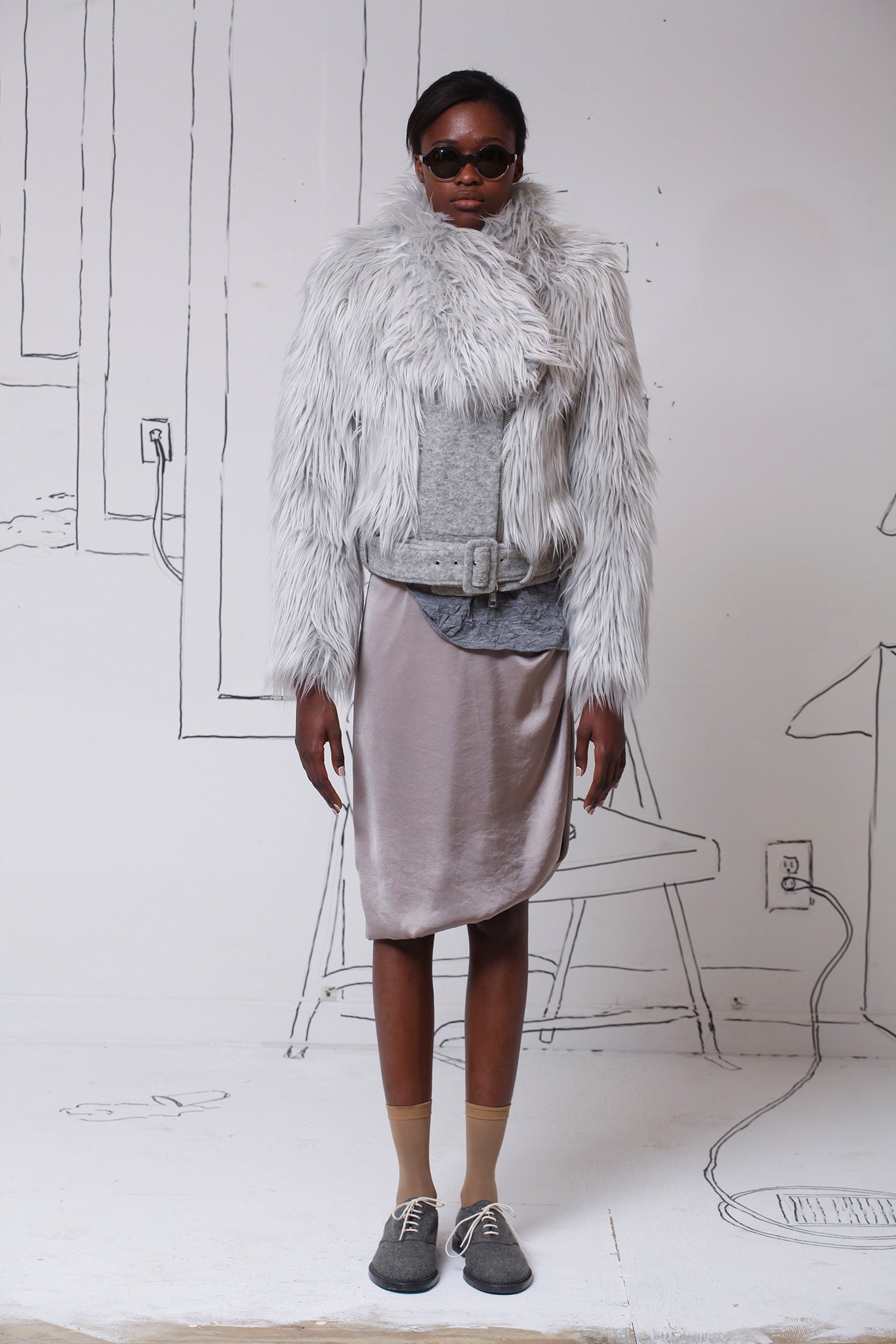 gray faux-fur coat with silk skirt
