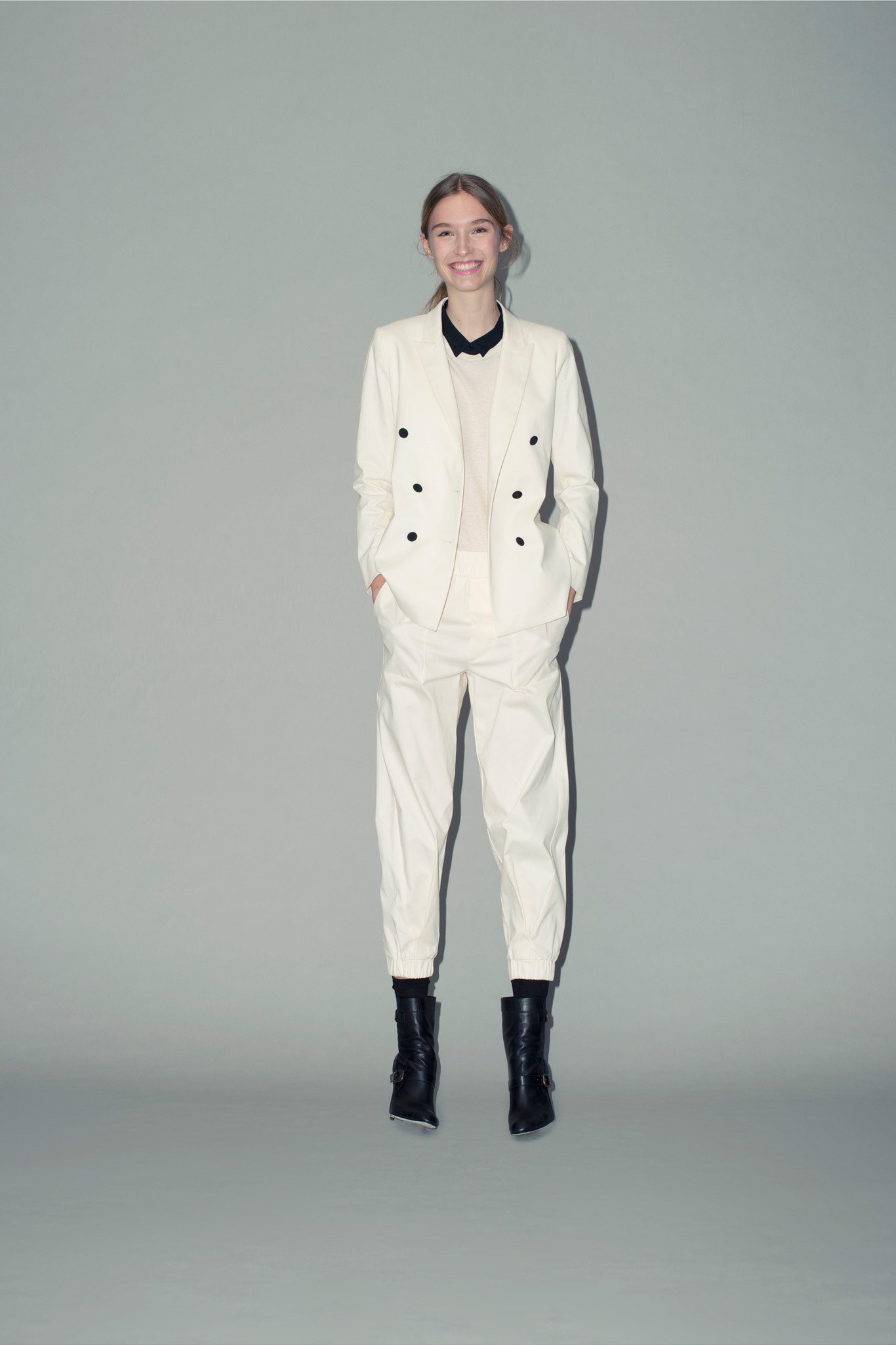 white tailored blazer with relaxed pants