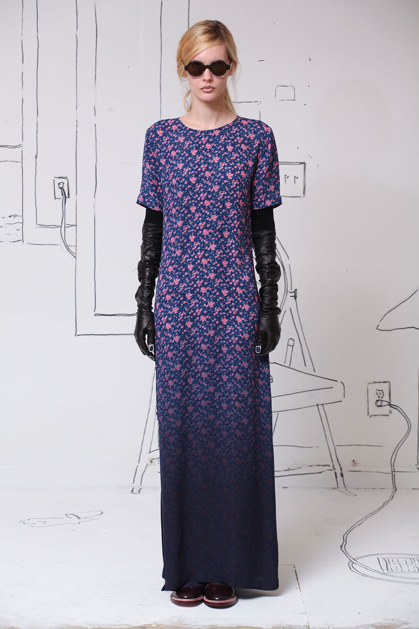 blue floral maxi dress with gloves