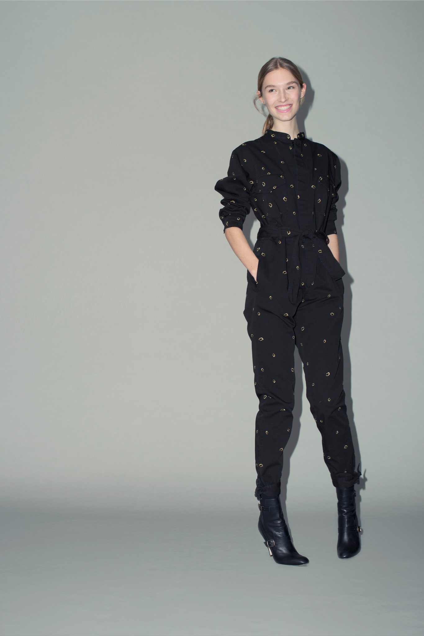 black fitted jumpsuit with collar