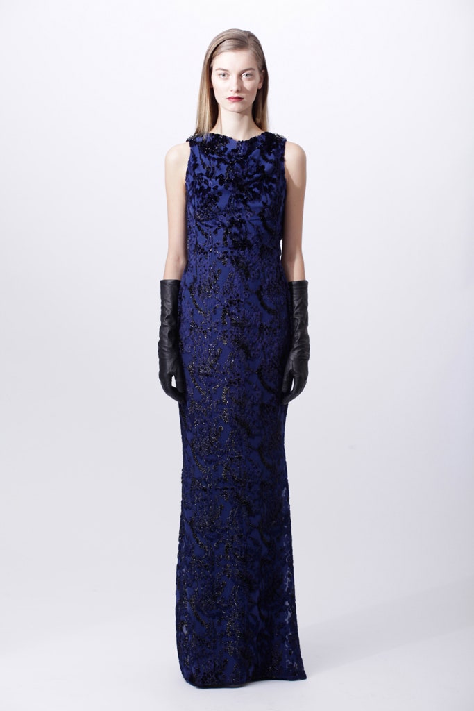 blue velvet fitted gown with gloves