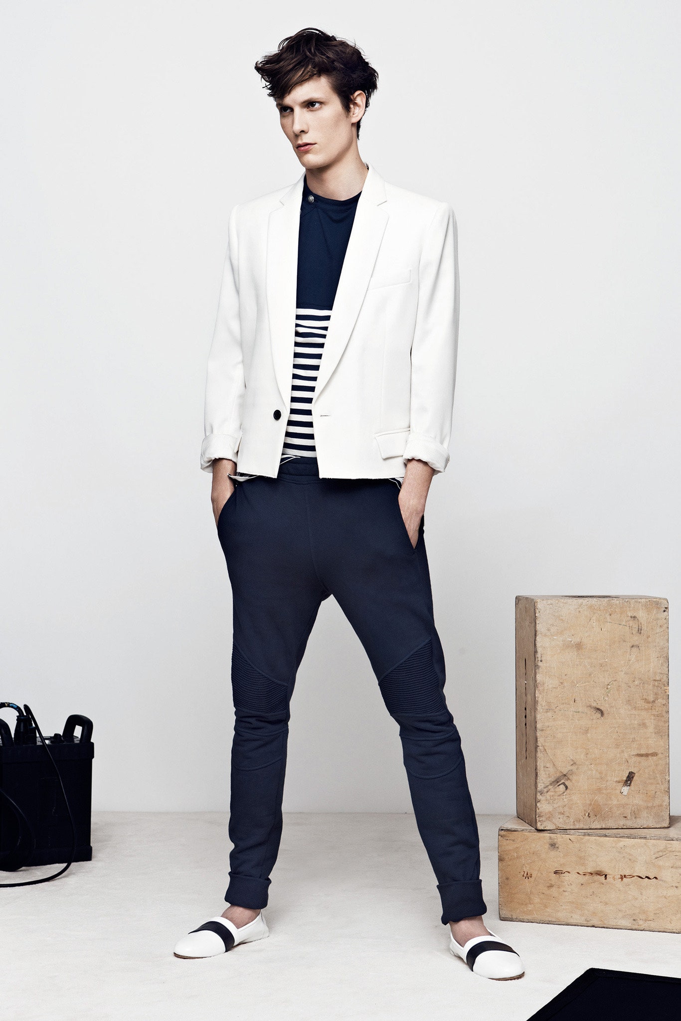 white tailored blazer with striped top