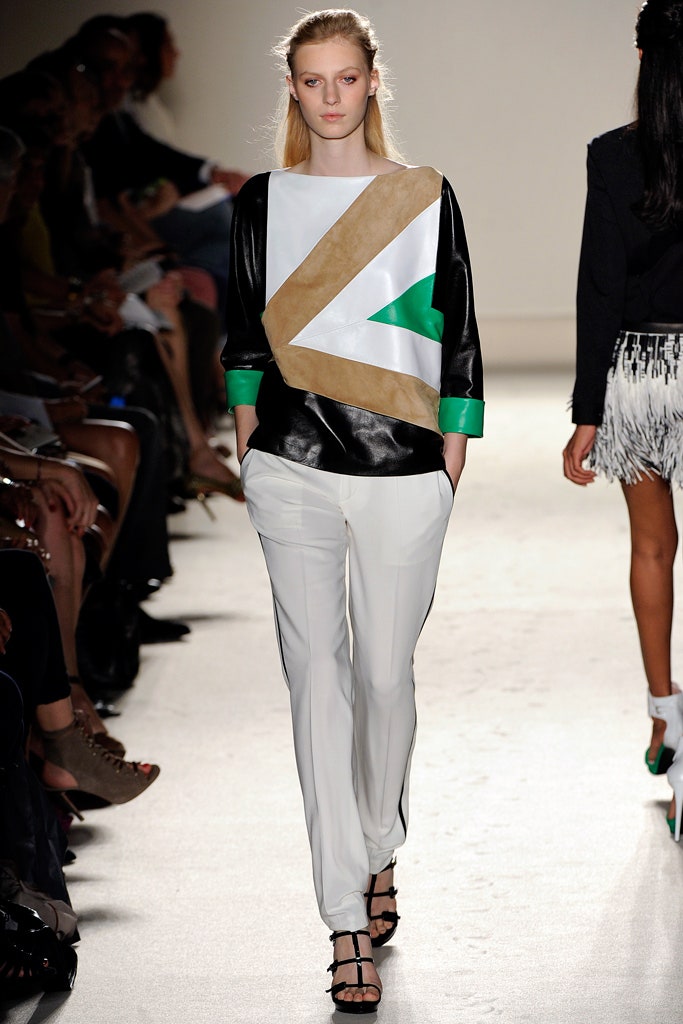 color-blocked leather top with tailored pants