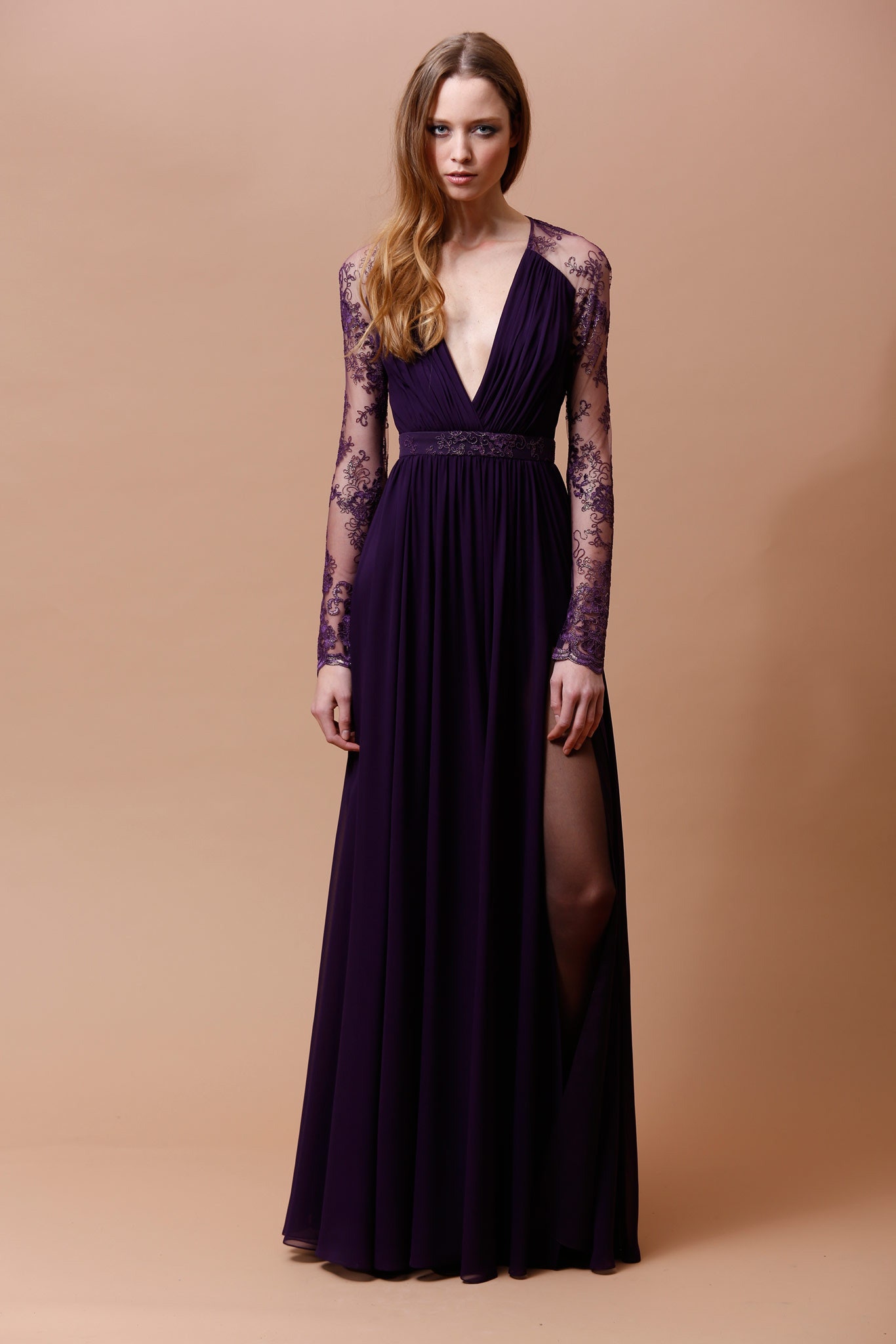 purple silk long-sleeve gown