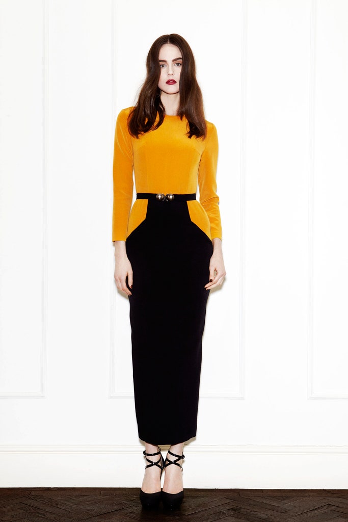 yellow velvet long-sleeve high-neck fitted draped top