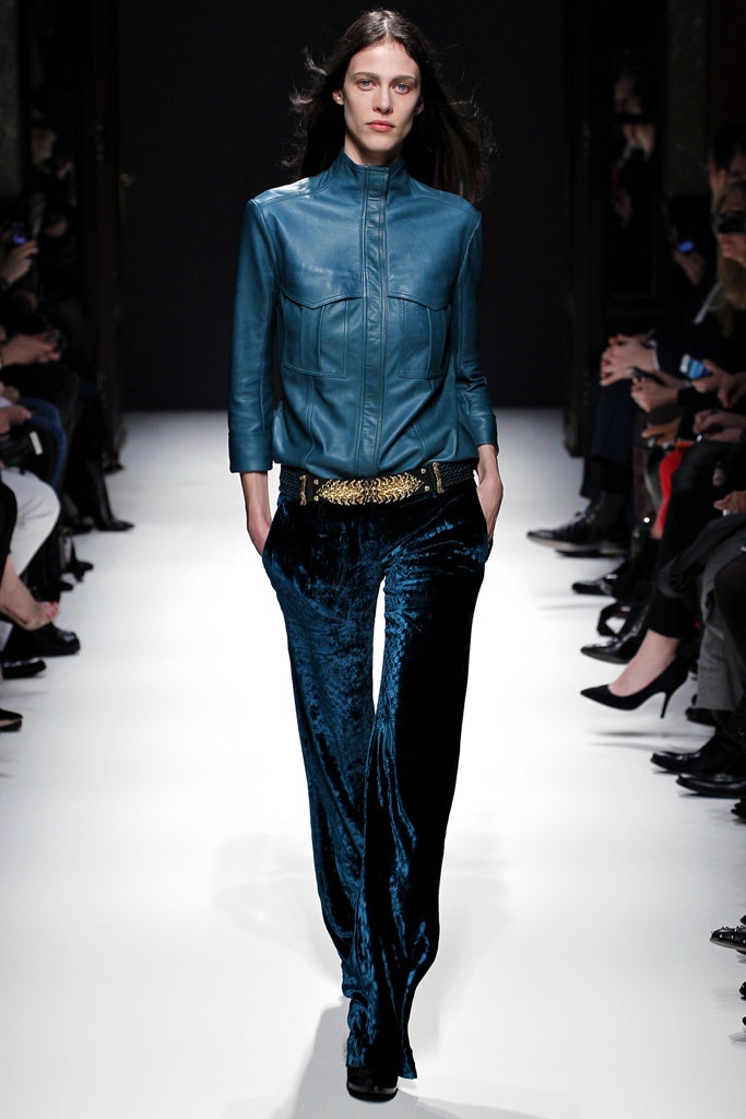 blue leather jacket and velvet pants