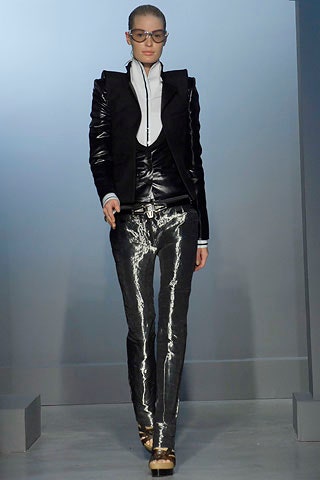 black leather blazer white shirt shiny pants