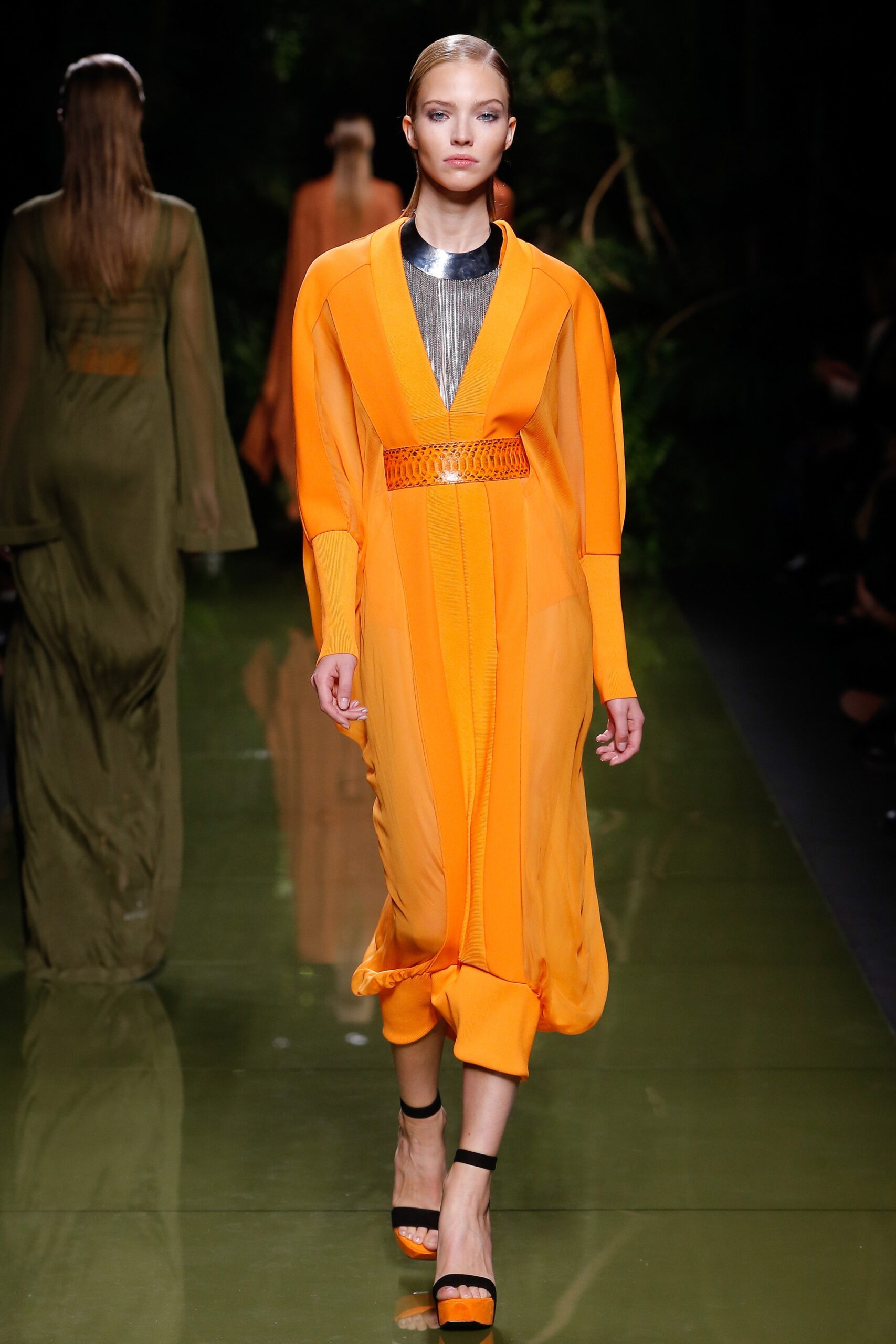 orange silk long-sleeve dress