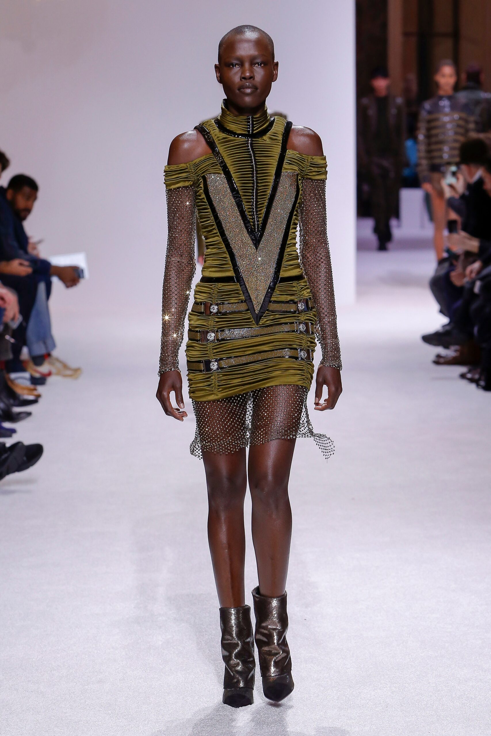 fitted green ruched mini dress