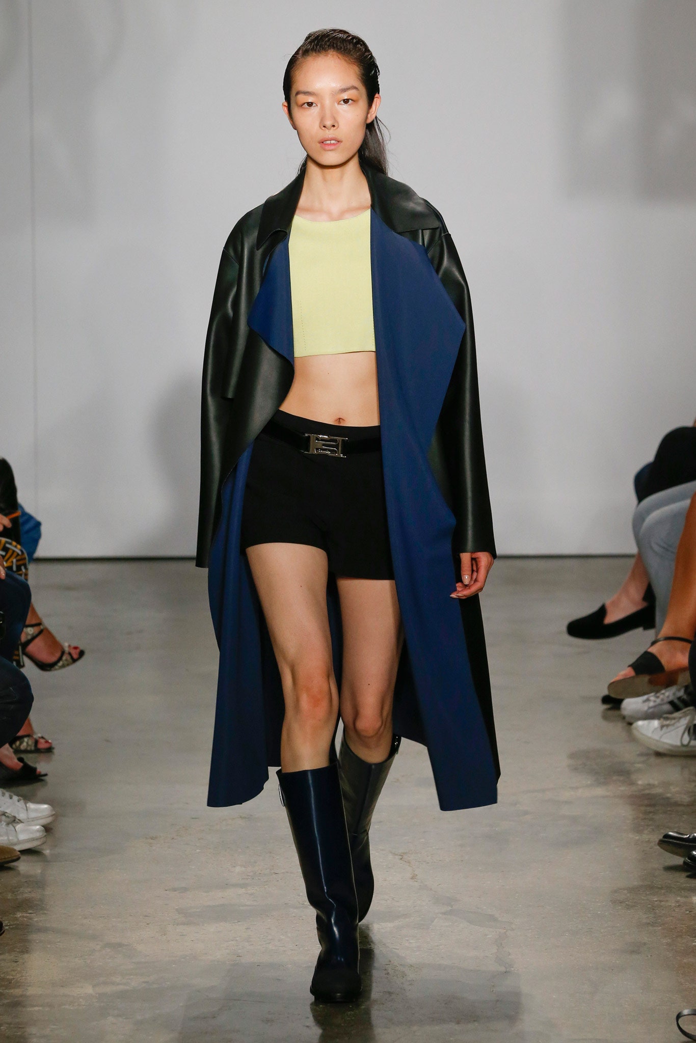 black and blue leather coat with crop top