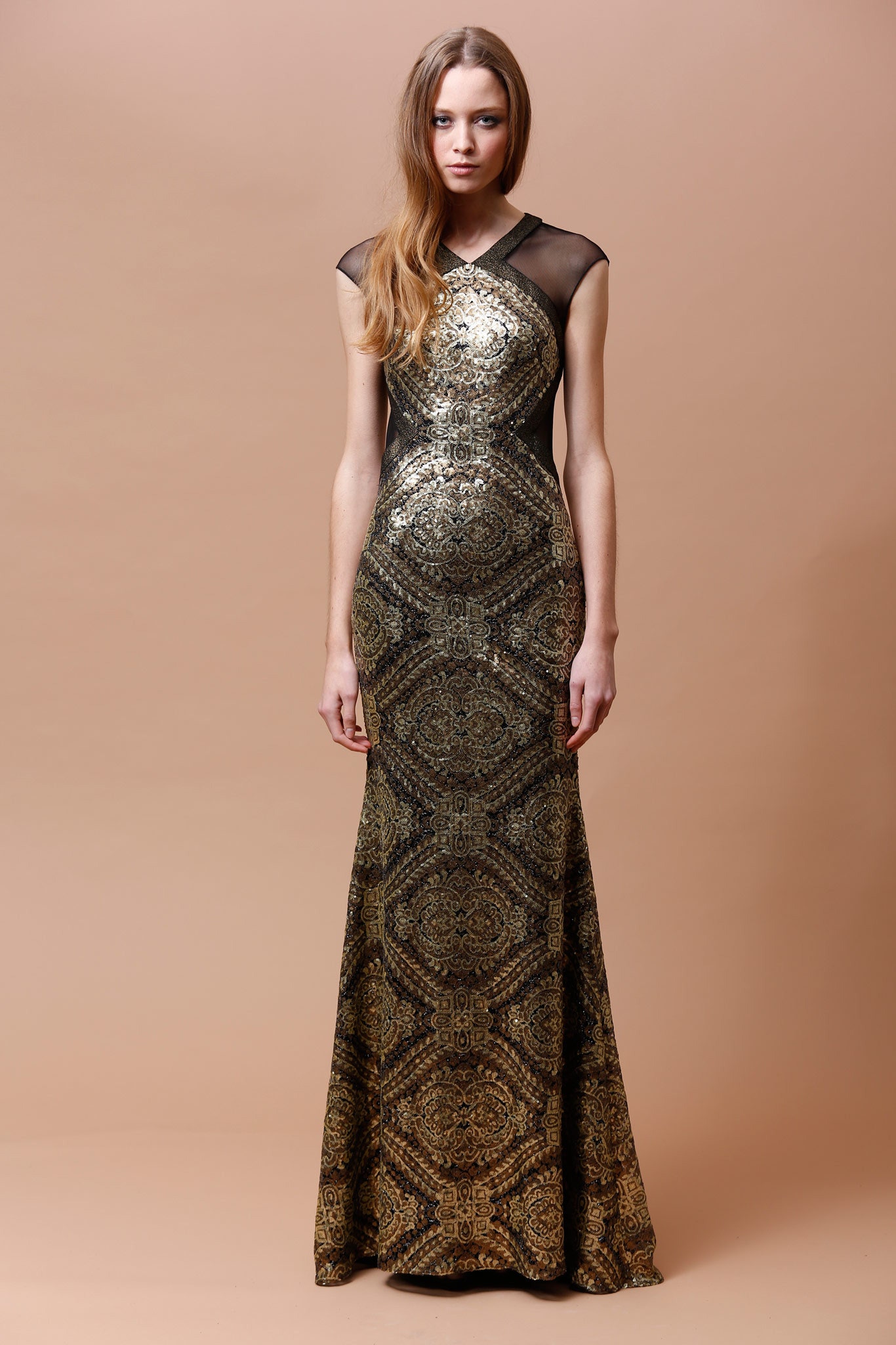 gold and black embellished gown