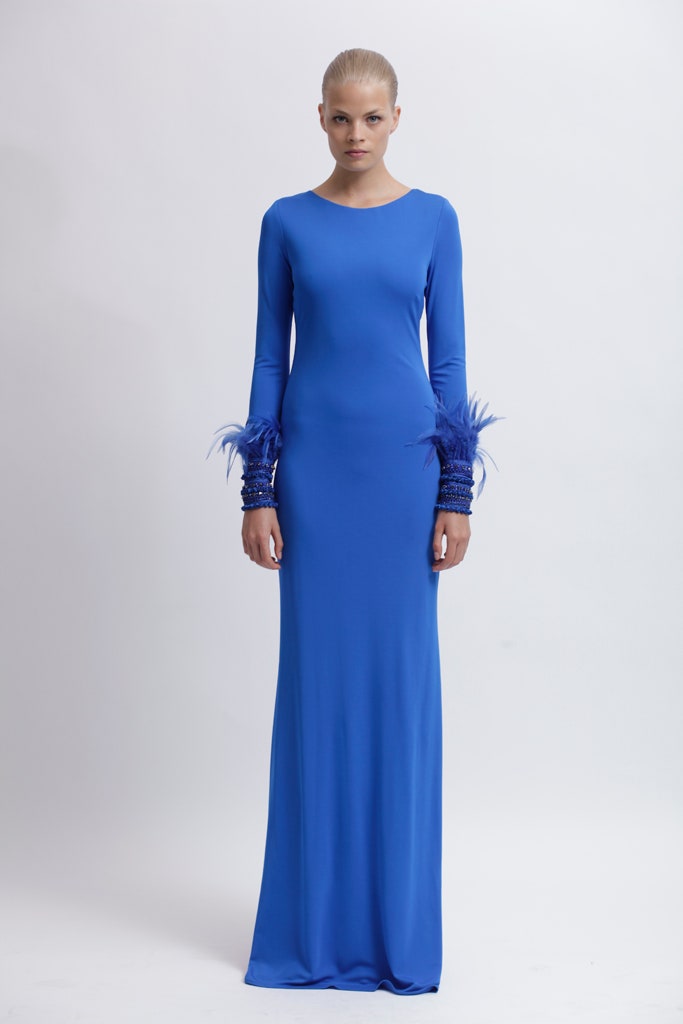 blue fitted long-sleeve gown