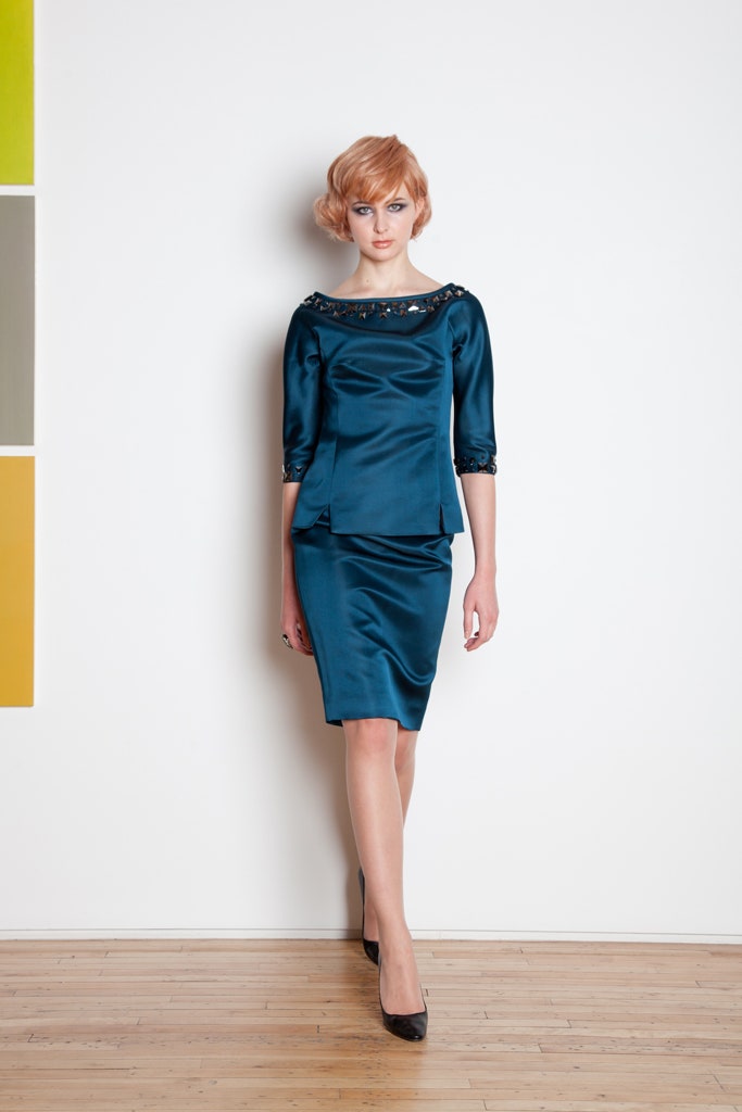 blue satin fitted top and skirt