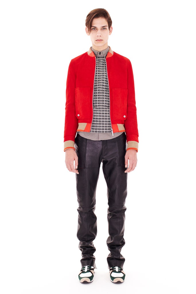 red leather jacket with checked top